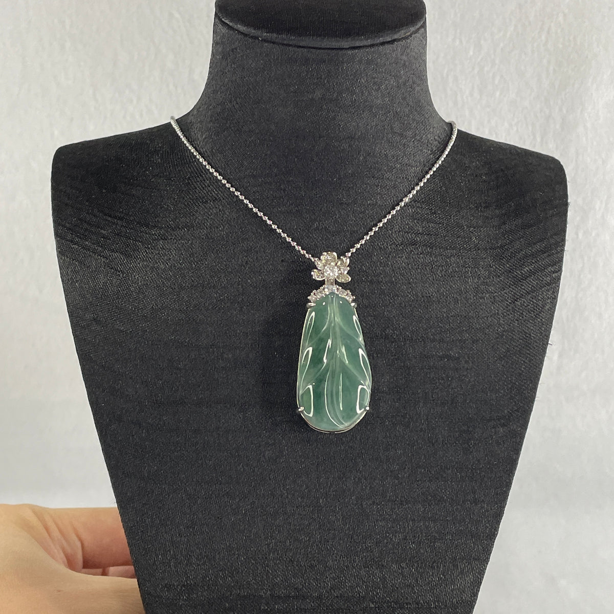 Natural Type A Blueish Green Jadeite Leaf Necklace in S925 Silver | (9.64g | 44cm S925 | 29.8 x 16.5 x 3.5mm | Career Success & Growth Anchor, Feng Shui Prosperity & Executive Charm Necklace) - Huangs Jadeite and Jewelry Pte Ltd