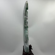 Type A Lavender and Green with Spicy Green Spots 仙女 with Wooden Stand Display Piece 3.38kg Dimensions with Stand 43 by 27 by 10cm Jadeite Dimensions 31 by 22 by 3cm - Huangs Jadeite and Jewelry Pte Ltd