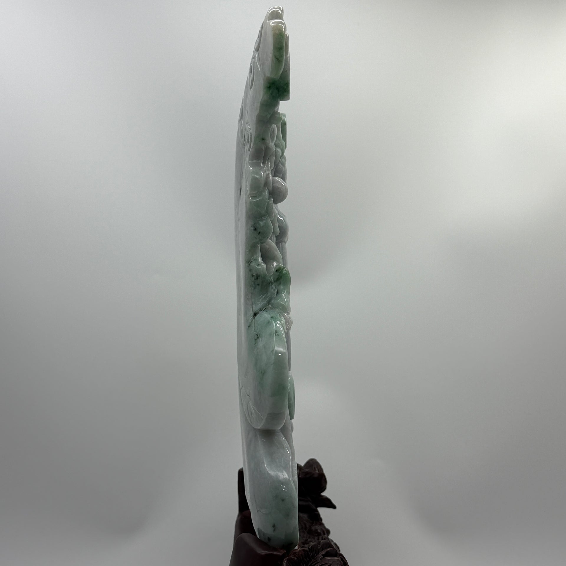 Type A Lavender and Green with Spicy Green Spots 仙女 with Wooden Stand Display Piece 3.38kg Dimensions with Stand 43 by 27 by 10cm Jadeite Dimensions 31 by 22 by 3cm - Huangs Jadeite and Jewelry Pte Ltd
