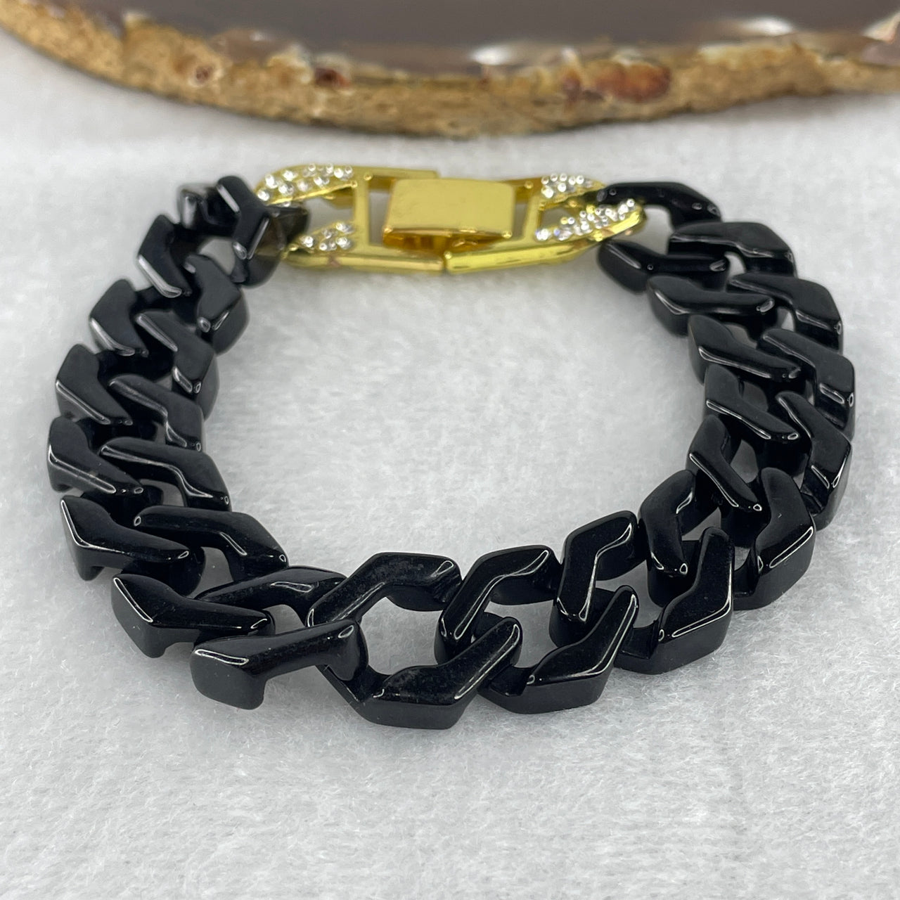 Certified Natural Type A Black Omphacite Jadeite Cuban Tennis Bracelet with Gold Color and Cubic Zirconia Clap 28.81g Up to 19cm 14.0 by 5.0mm 17 Pcs