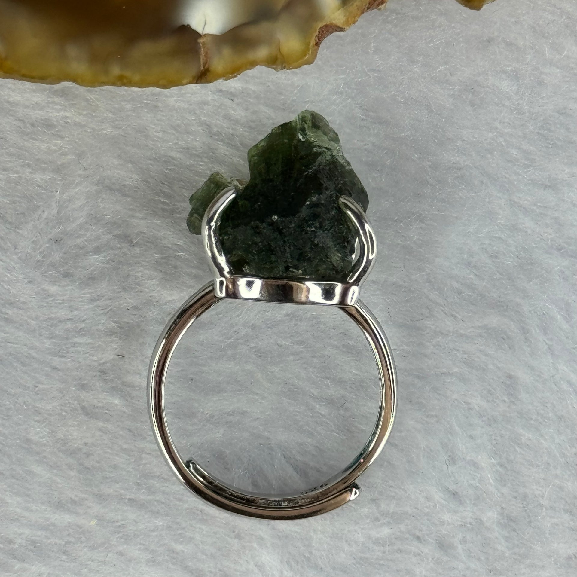 Natural Czech Republic Moldavite Meteorite Crystal in S925 Sliver Ring (Adjustable Size) 天然捷克陨石925银戒指 4.59g 14.0 by 13.3 by 13.5mm - Huangs Jadeite and Jewelry Pte Ltd