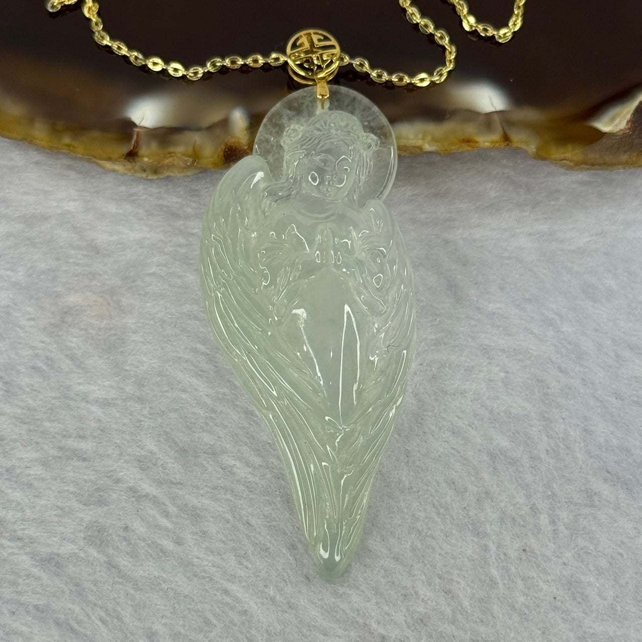 Type A Icy Light Green Jadeite Angel Pendent in 18K Gold Clasp with S925 Sliver Gold Color Necklace 8.90g 47.6 by 20.0 by 5.0mm - Huangs Jadeite and Jewelry Pte Ltd
