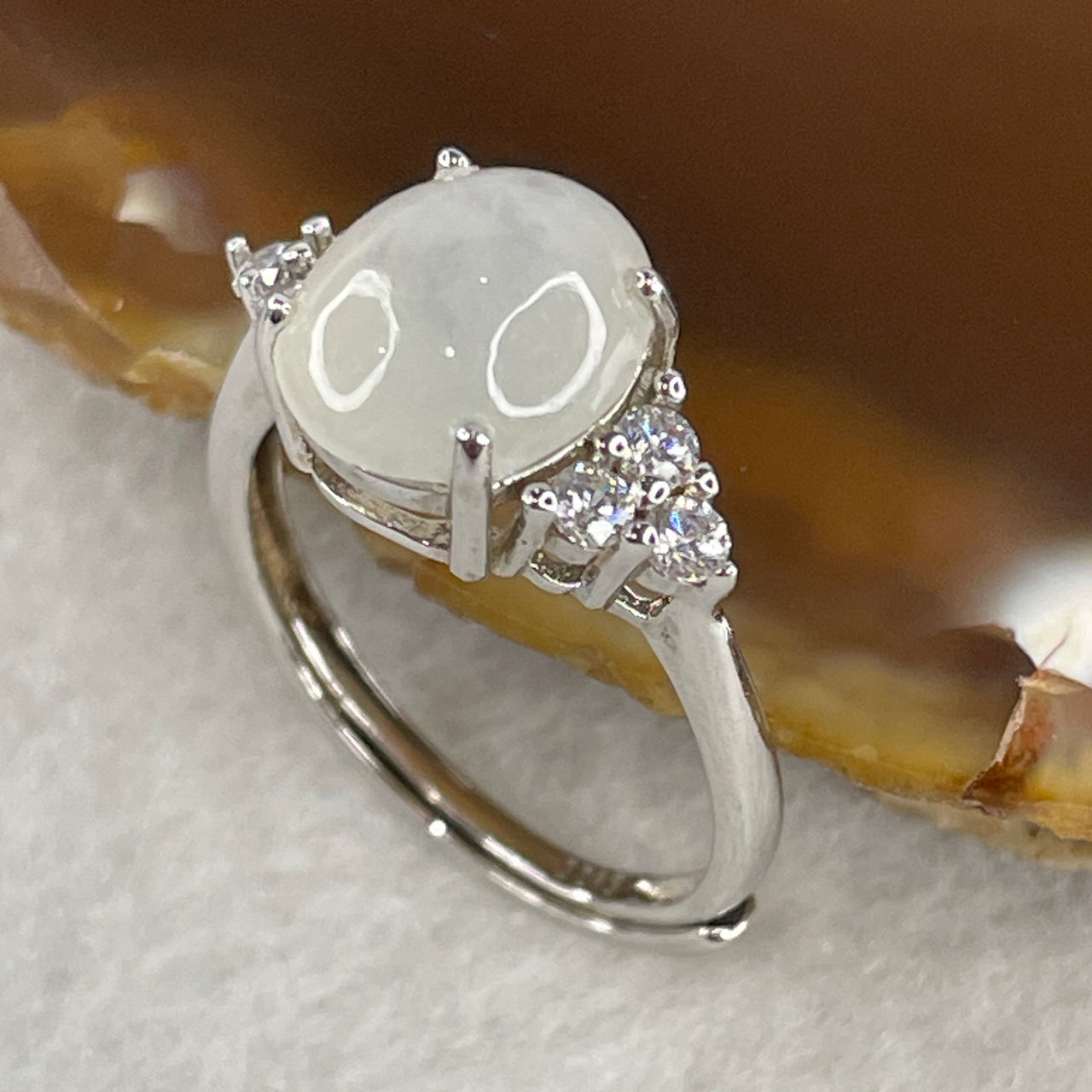Type A Semi White Jadeite Ring in S925 Sliver with Cubic Zirconia 1.98g 9.2 by 7.7 by 3.5mm (Adjustable Size)