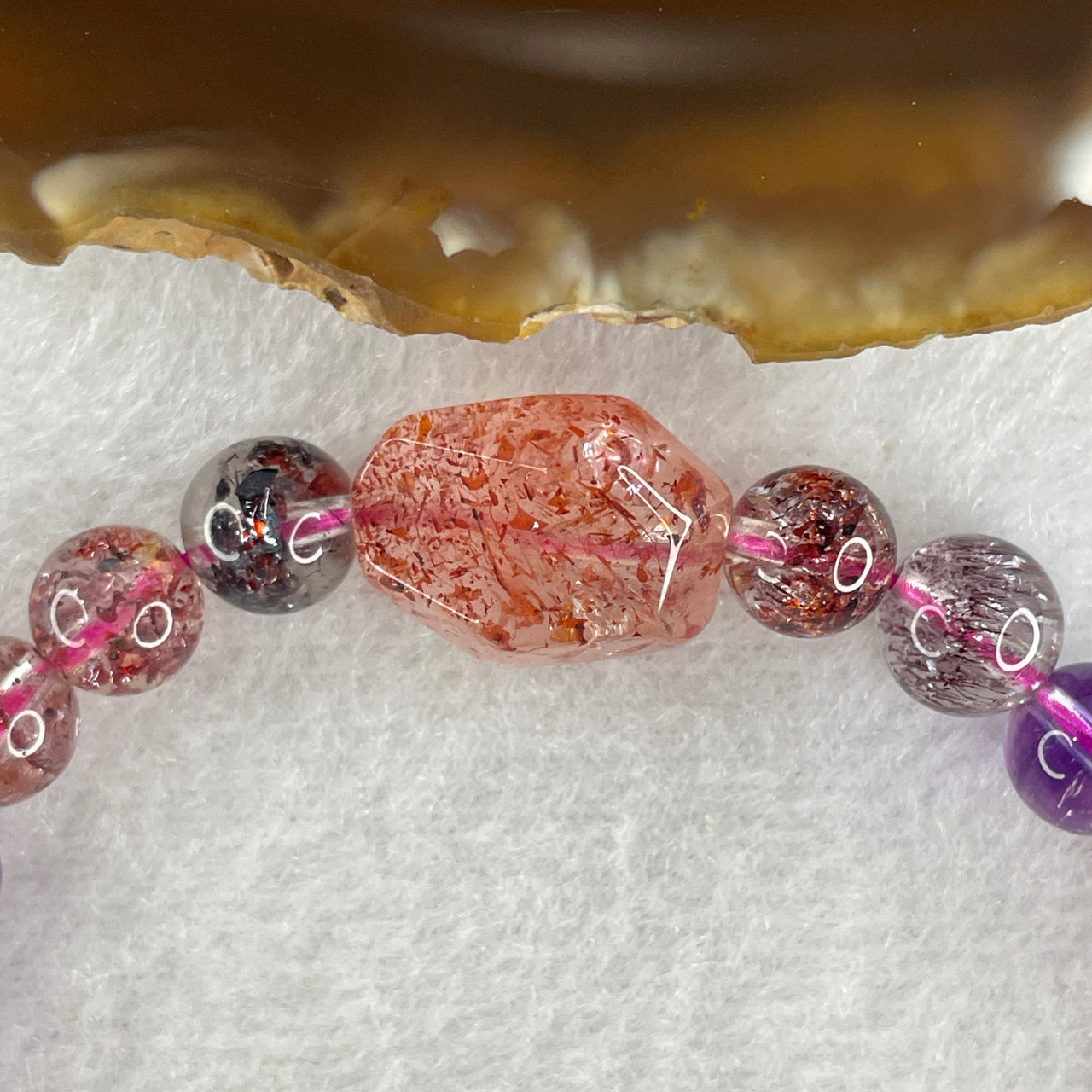 Certified Good Grade Natural Super 7 Beads with Strawberry Quartz Charm Bracelet 17.890g 16.5cm 7.8mm 24Beads - 16.1 by 12.3 by 10.1mm 1Bead