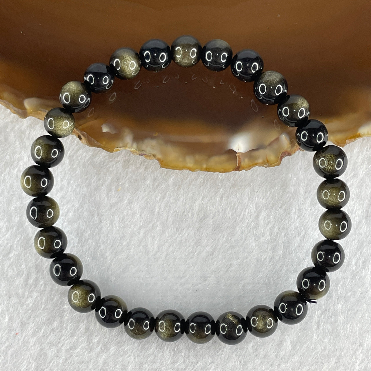 Certified Good Grade Natural Black Obsidian with Brown Hue Beads Bracelet 8.77g 15cm 6.4mm 29 Beads
