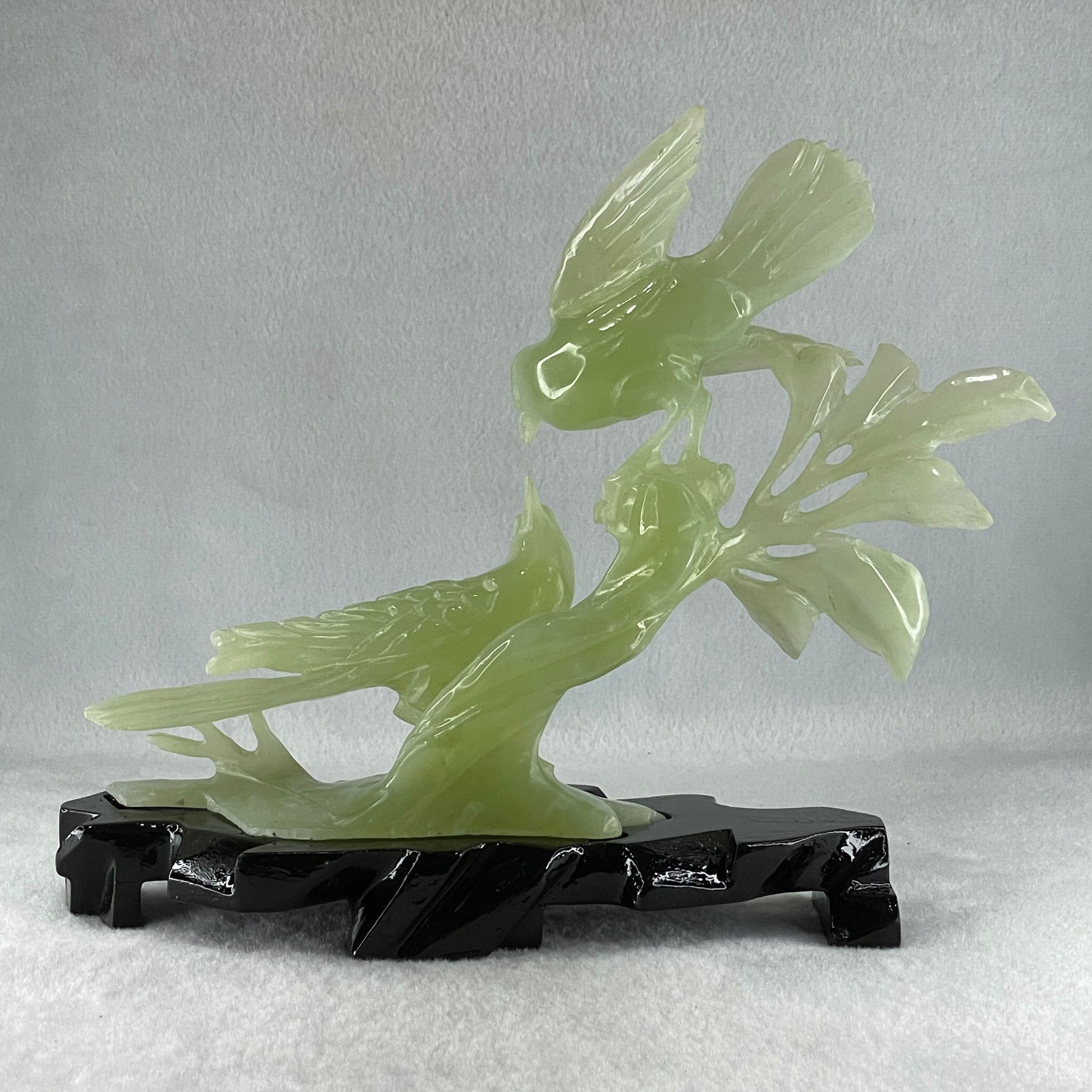 Natural Green Serpentine Twin Magpie Birds on Tree with Wooden Stand Display 453.4g 230.0 by 196.0 by 79.0mm - Huangs Jadeite and Jewelry Pte Ltd