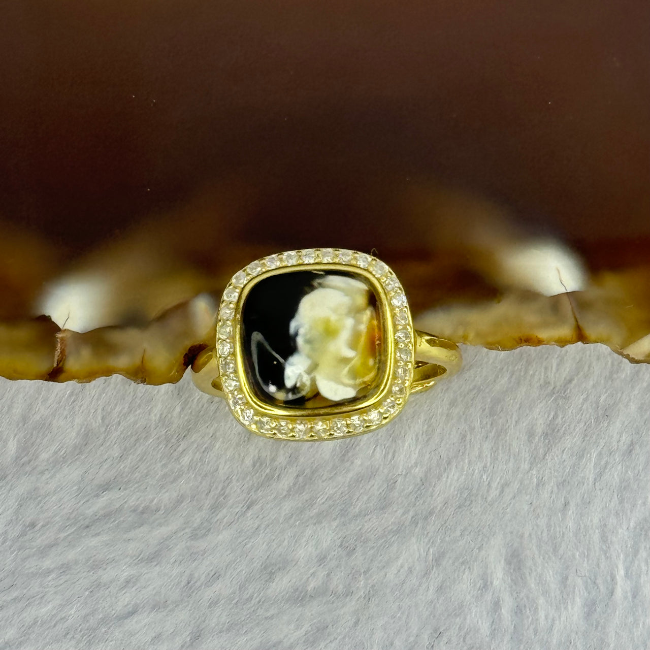 Natural Green Amber with Milk and Yellow Inclusions in S925 Sliver Gold Color Ring (Adjustable Size) 2.74g 9.0 by 3.0mm - Huangs Jadeite and Jewelry Pte Ltd