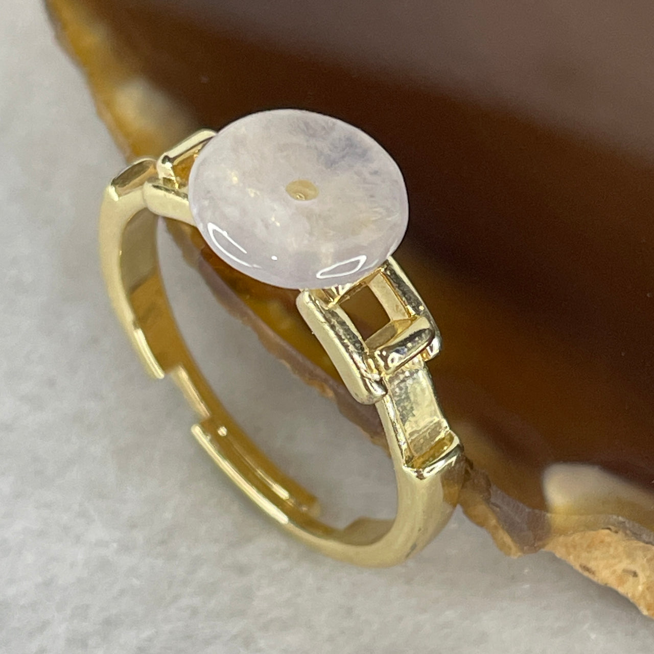Natural Type A Colorless Jadeite Ring | S925 Sterling Silver Gold Plated Ping An Kou Donut Band (Adjustable Size, 2.29g)