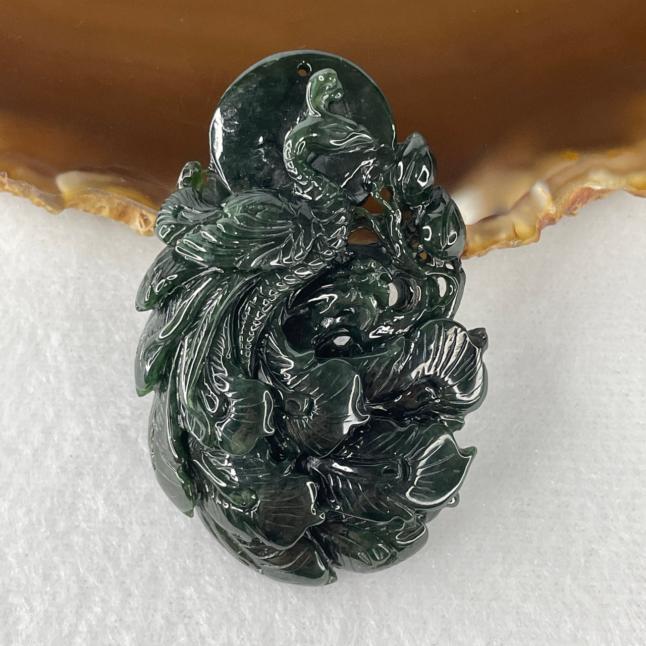 Certified Natural Type A Old-Mine Blueish Green Jadeite Phoenix with Lotus Flower Pendant | Masterpiece Three-Dimensional Carving | Rare Myanmar Feicui Spiritual Ascension & Success Amulet (29.17g | 55.0x36.2x11.4mm)