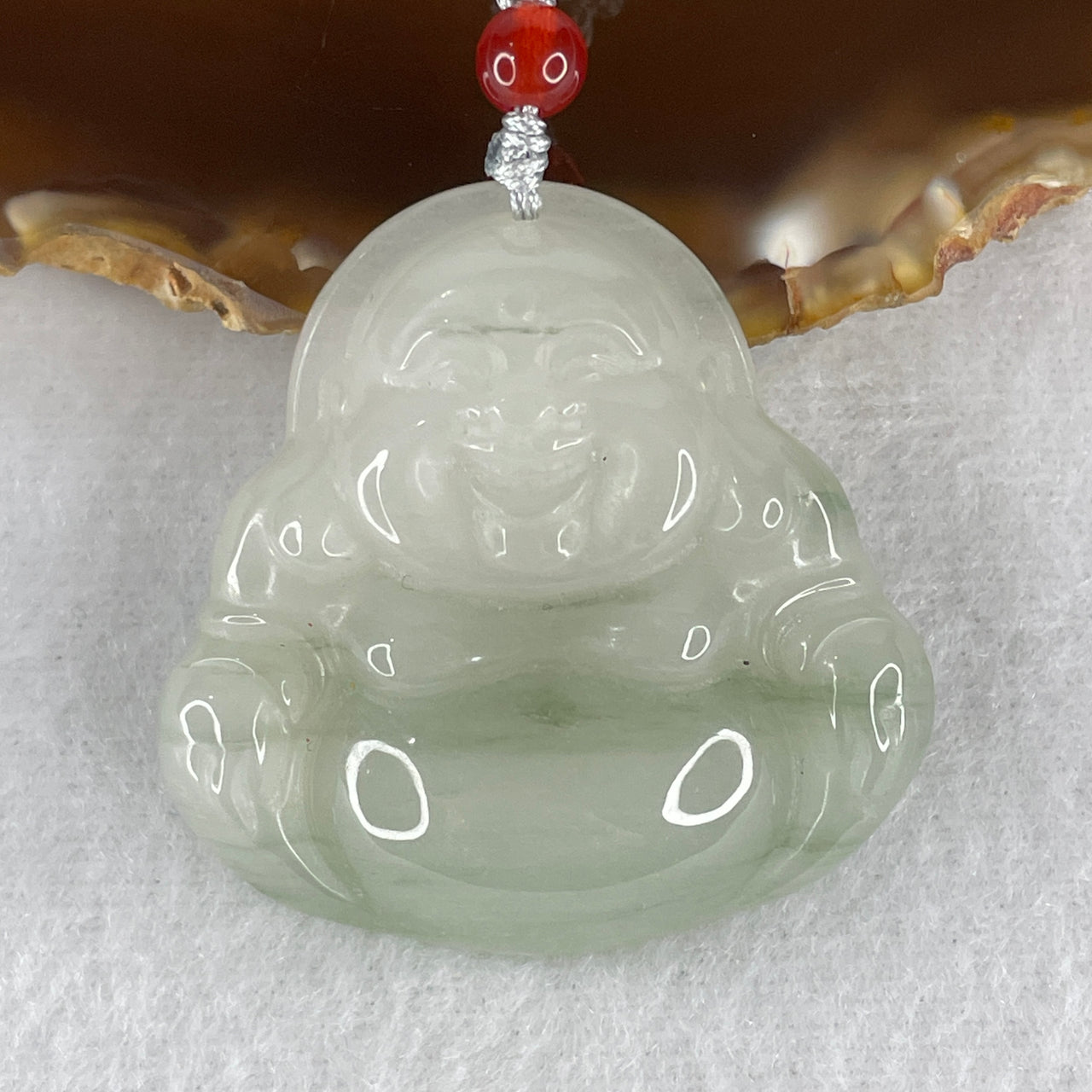 Natural Green with White Patches Quartzite Jade Laughing Milo Buddha Pendant 25.76g 42.0 by 42.5 by 11.0mm
