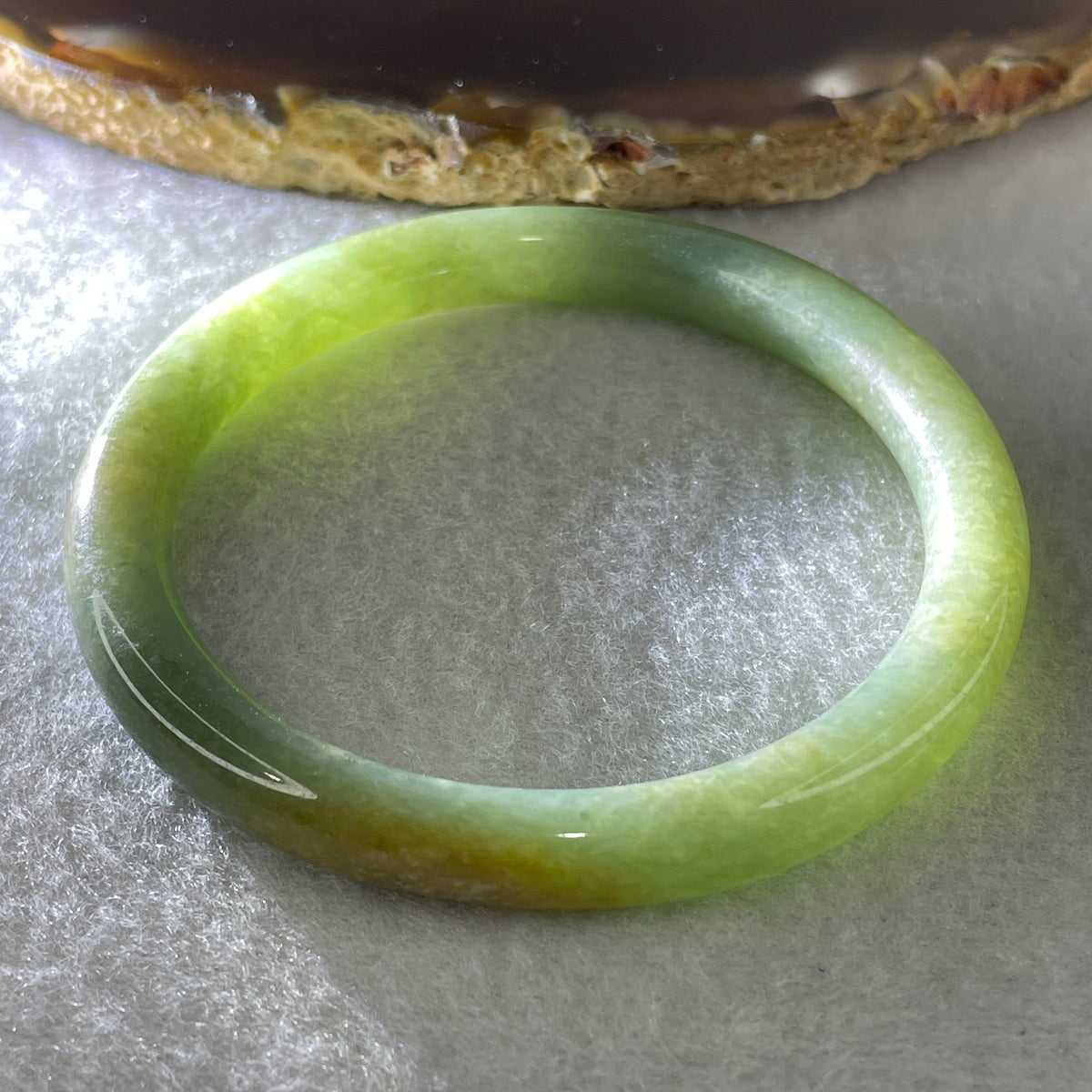 Natural Type A Green with Yellowish Jadeite Full Round Ding Dang Bangle |(24.55g | 50.9mm Inner Diameter | 7.4 x 7.0mm | Close to Perfect | Dual Wealth & Imperial Fortune Anchor, Abundance & Sovereign Bangle) - Huangs Jadeite and Jewelry Pte Ltd