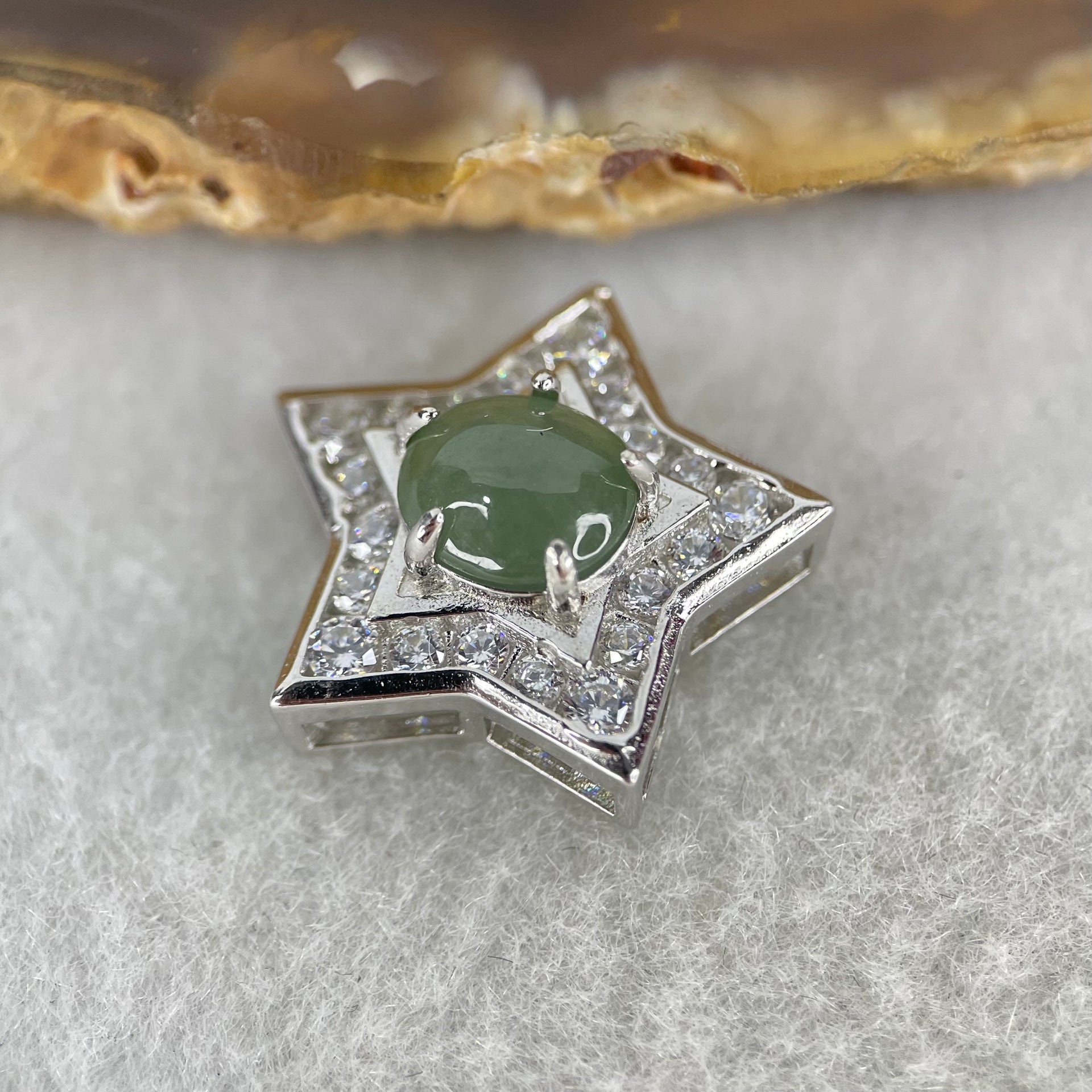 Type A Semi Icy Blueish Green Cabochon Jadeite in S925 Sliver Star with Crystal Charm 2.41g 7.8 by 6.9 by 3.5mm - Huangs Jadeite and Jewelry Pte Ltd