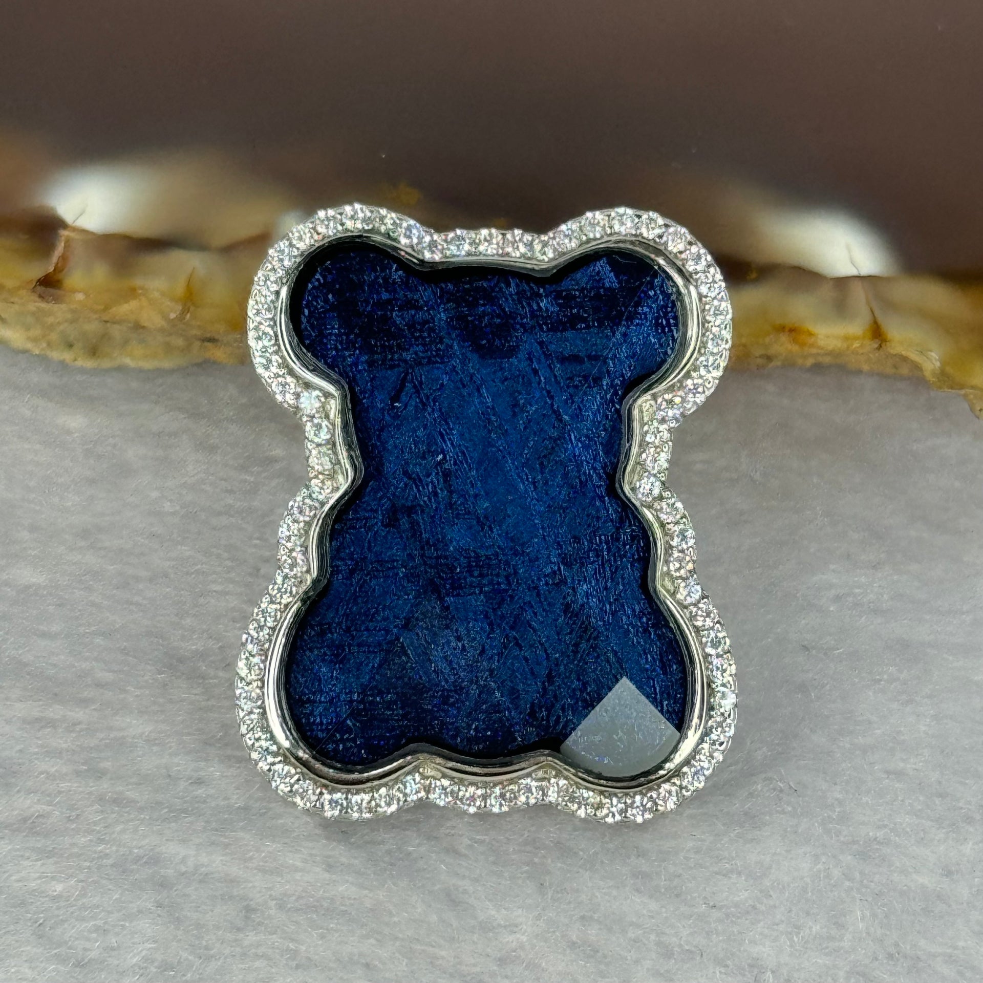 Natural Meteorite Bear Charm in S925 Silver with Crystals For Necklace / Bracelet (Blue Color) 7.24g 26.1 by 21.3 by 8.5mm - Huangs Jadeite and Jewelry Pte Ltd
