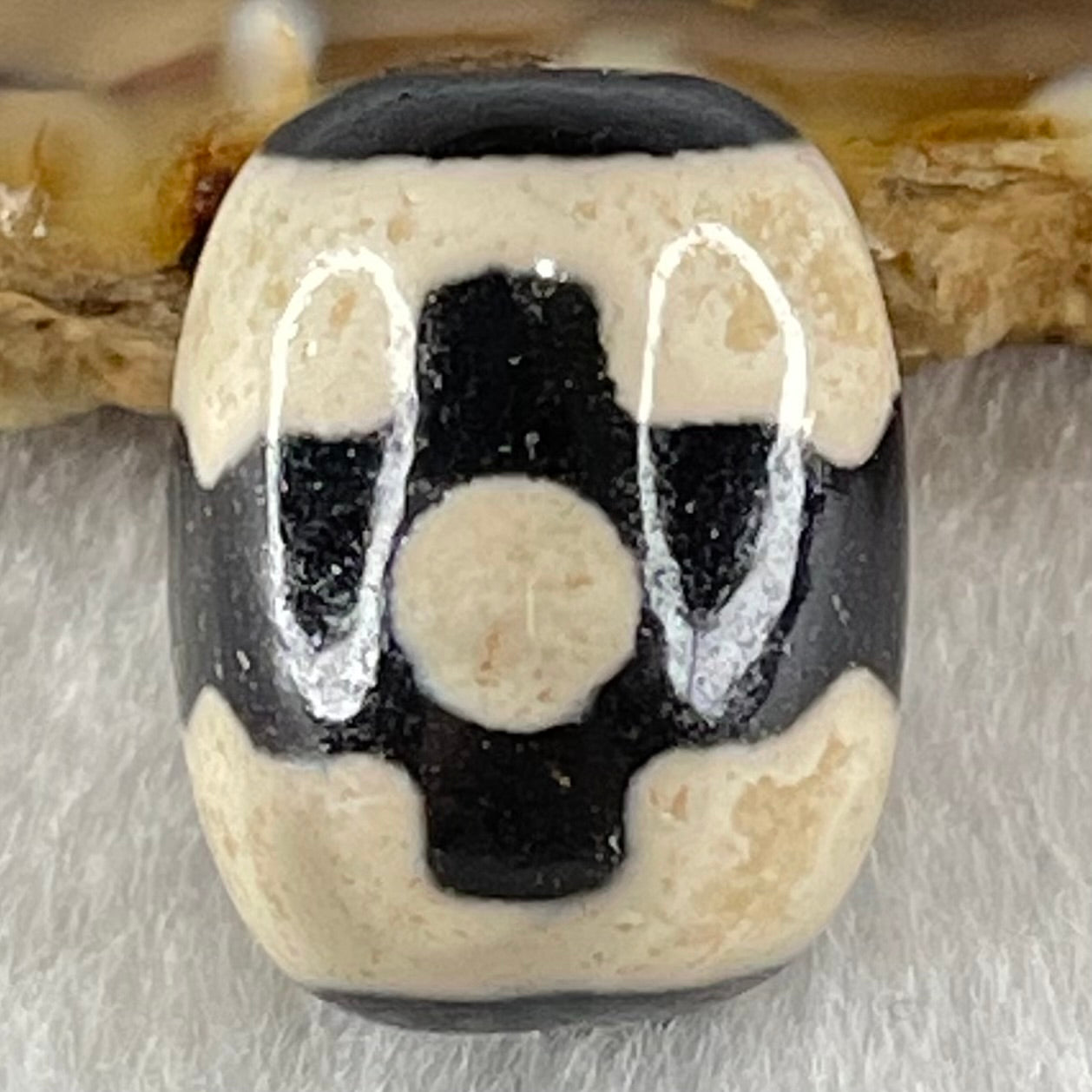 Natural Powerful Tibetan Old Oily Dark Brown With White Agate 3 Eyes Dzi Bead Heavenly Master (Tian Zhu) 三眼天诛 4.91g 17.6 by 13.7mm - Huangs Jadeite and Jewelry Pte Ltd