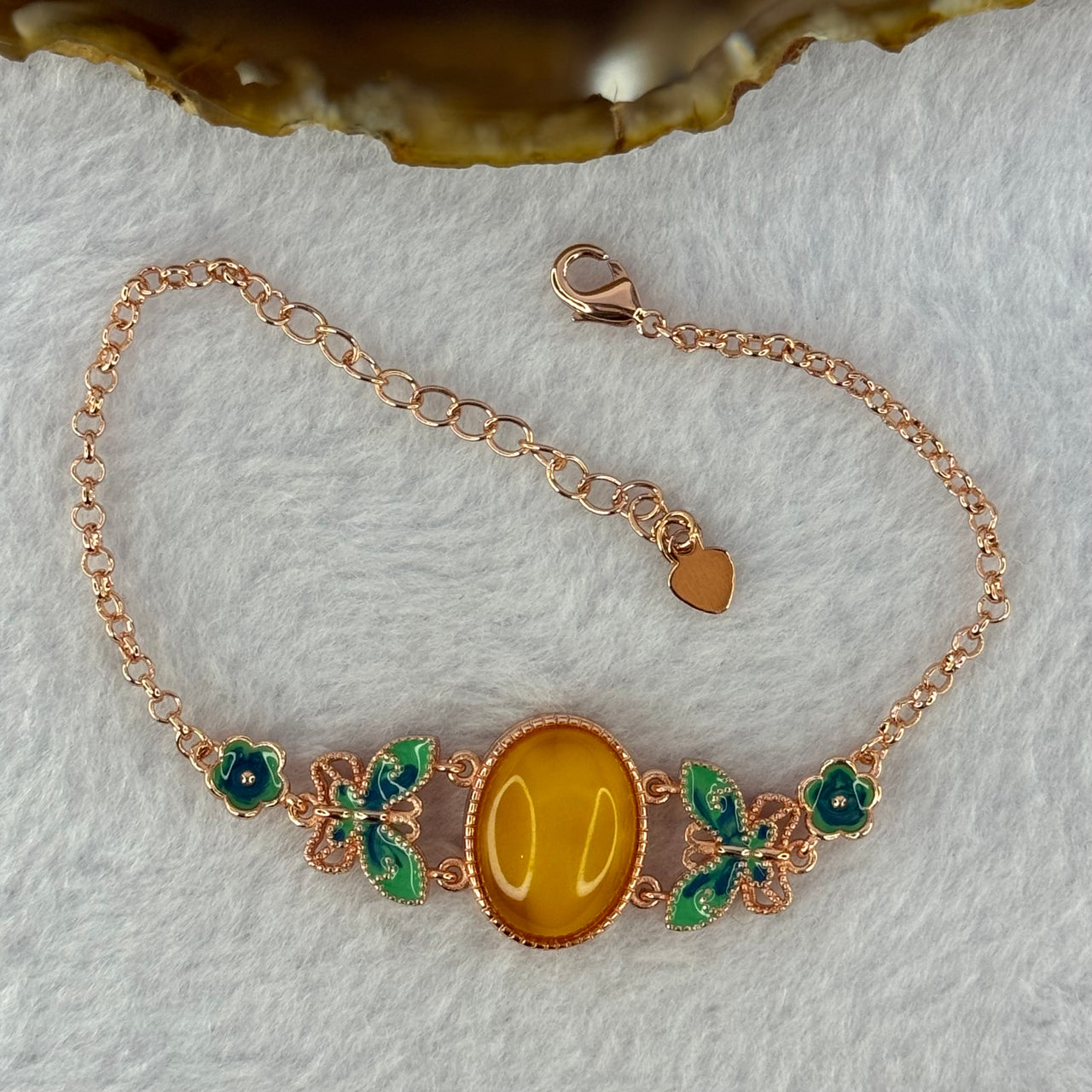 Natural Butterscotch Amber Beads Silver Rose Gold Color Butterfly Bracelet 6.04g 15.7 by 11.8 by 4.5mm - Huangs Jadeite and Jewelry Pte Ltd