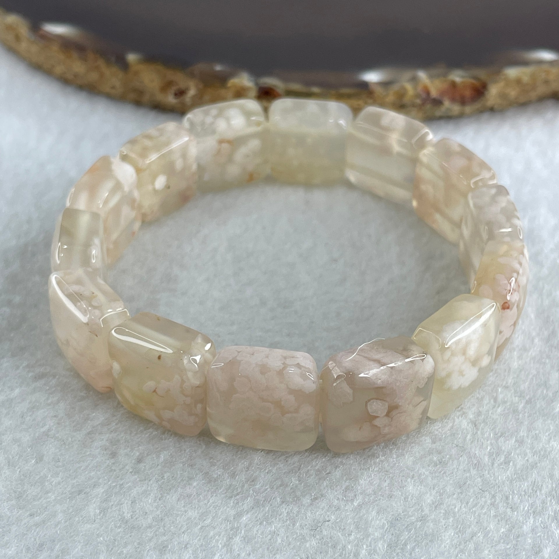 Natural Pinkish Flower Agate Shou Pai Bracelet 38.03g 16.5cm 14.2mm 14 Pcs - Huangs Jadeite and Jewelry Pte Ltd