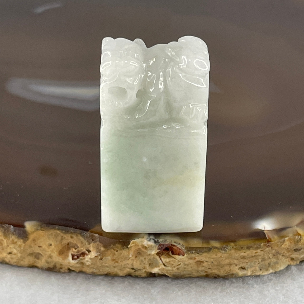 Certified Natural Type A Green with Lavender Jadeite Mini Tower Pixiu Seal Display 24.69g 33.3 by 18.2 by 13.4mm