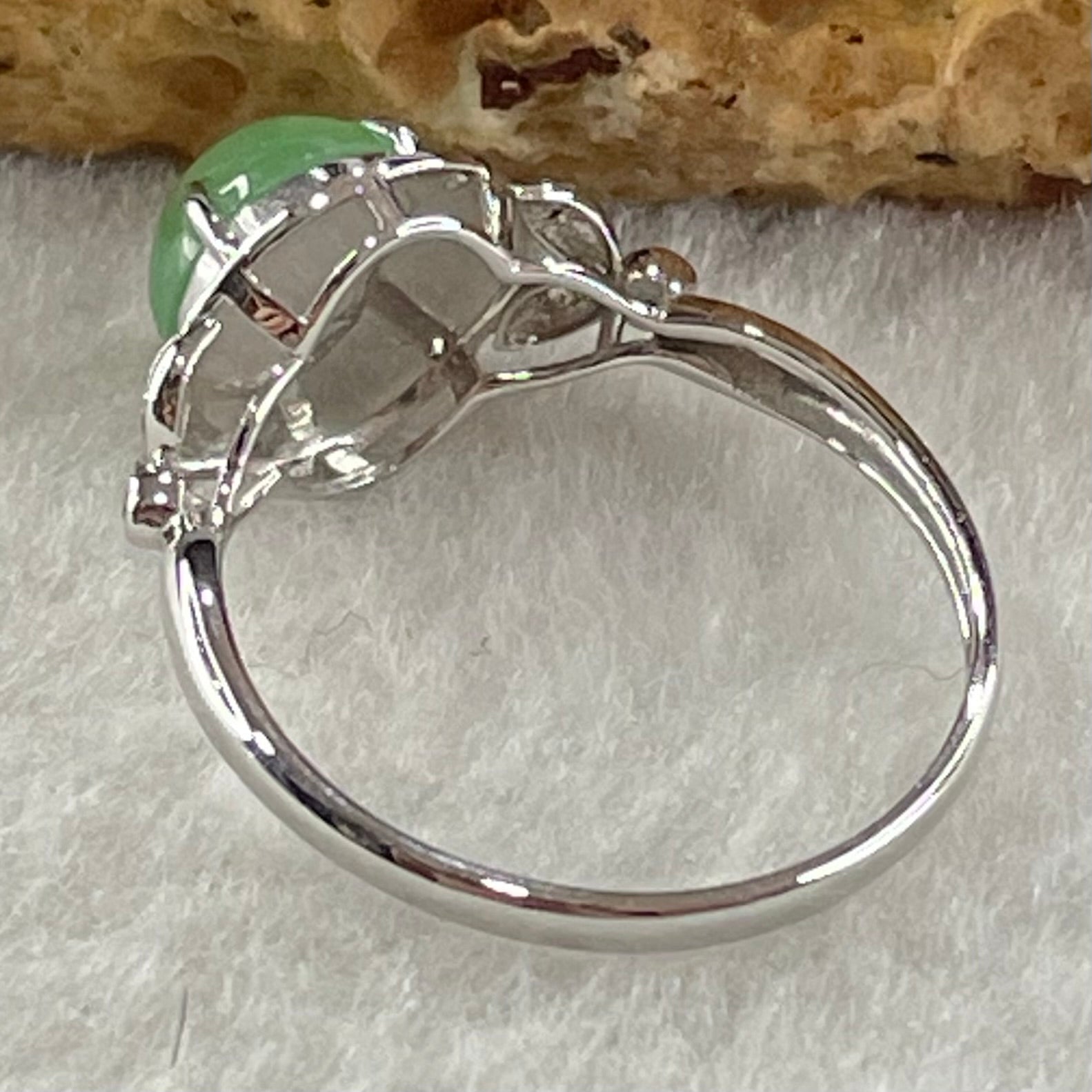 Type A Icy Light Intense Green Jadeite with Diamonds in 18K White Gold Ring 1.91g 7.3 by 4.0mm US6.7 HK14.8 - Huangs Jadeite and Jewelry Pte Ltd