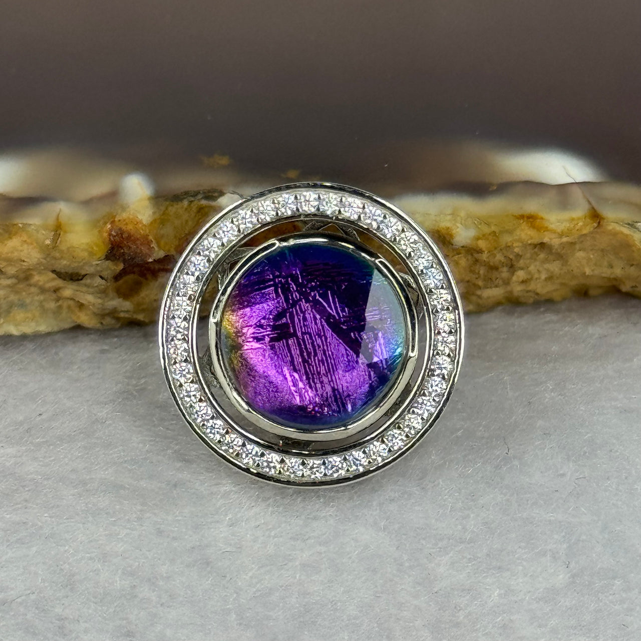 Natural Meteorite Spinning High Energy Feng Shui Charm in S925 Silver with Crystals For Necklace / Bracelet (Purple with Yellow Color) 4.10g 16.8 by 7.3mm - Huangs Jadeite and Jewelry Pte Ltd