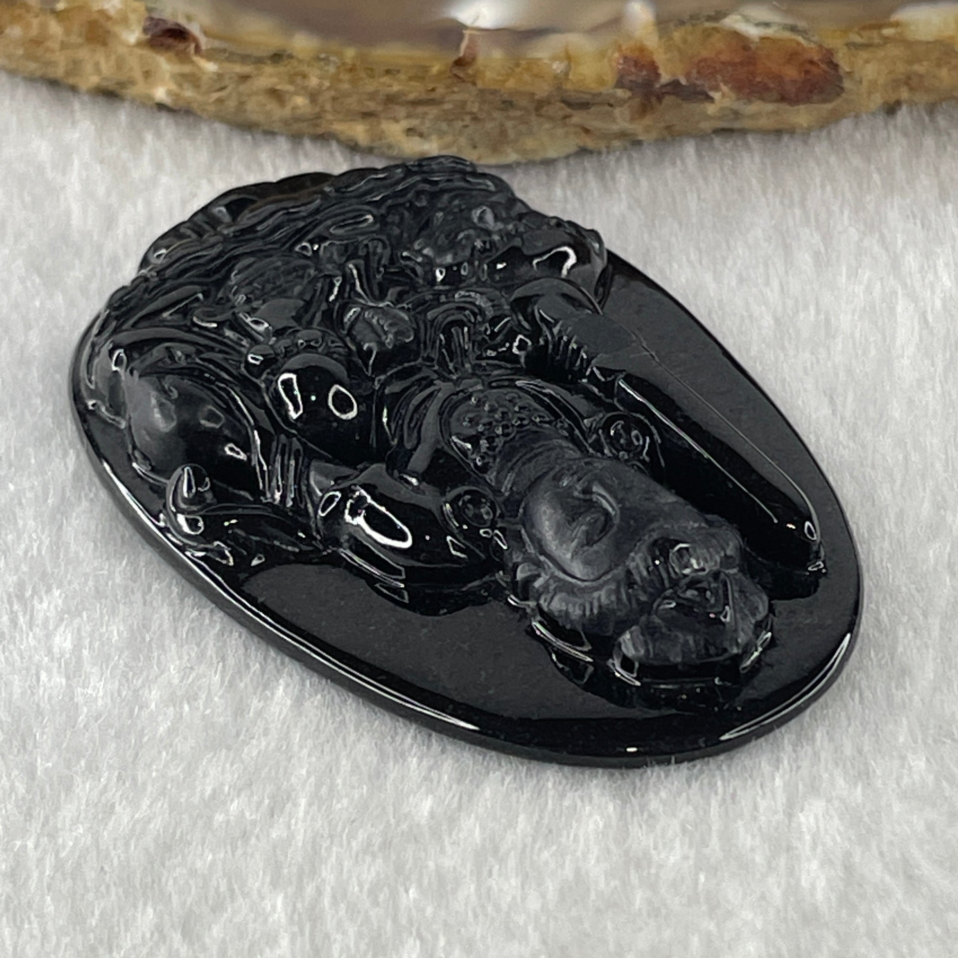 Type A Opaque to Partial Translucent Black Omphacite Jadeite Manjushri Bodhisattva Pendant Rabbit Zodiac Guardian 14.81g 51.0 by 33.8 by 7.8mm - Huangs Jadeite and Jewelry Pte Ltd