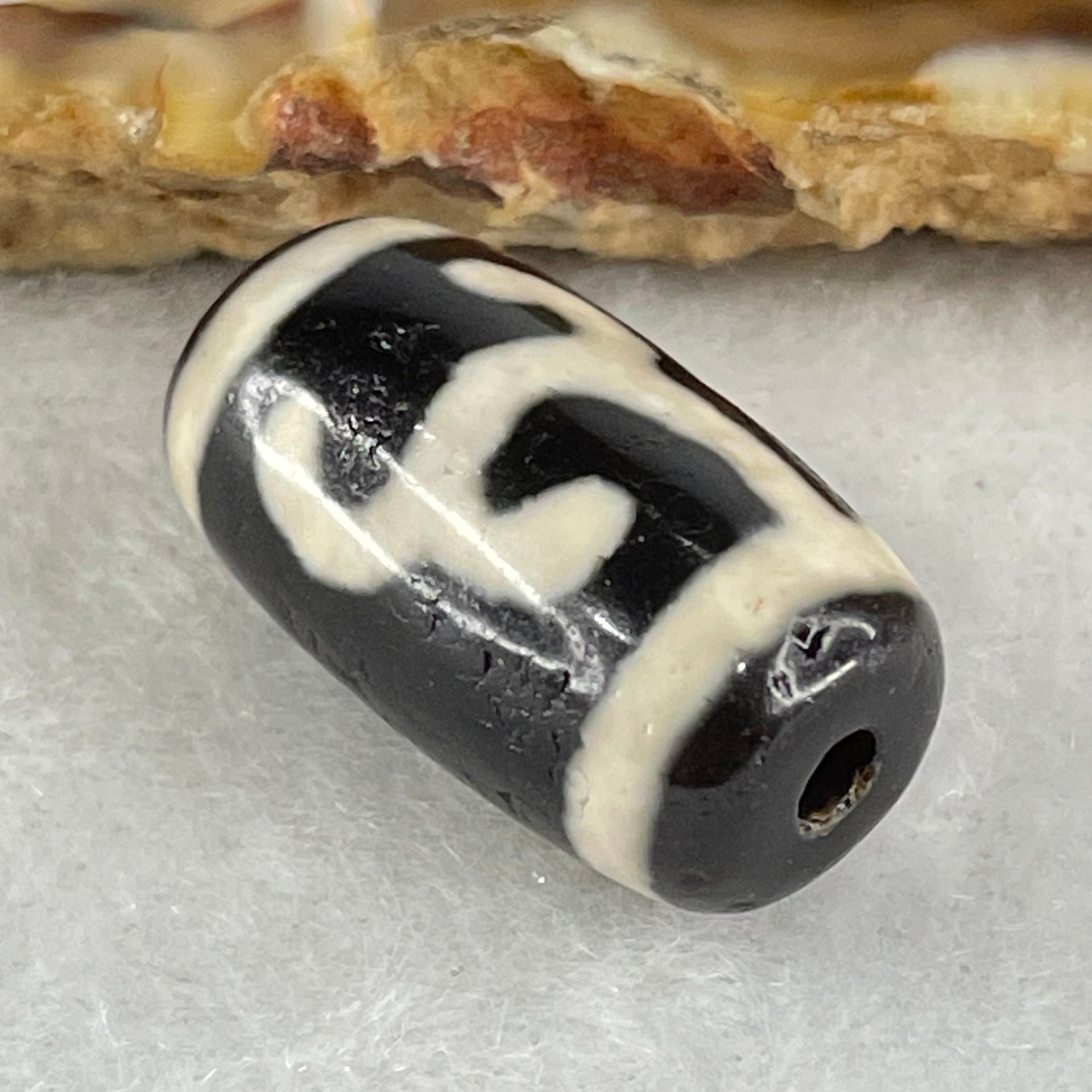 Natural Powerful Tibetan Old Oily Black White Agate Green Tara Dzi Bead Heavenly Master (Tian Zhu) 绿度母天珠 3.94g 19.6 by 11.1mm - Huangs Jadeite and Jewelry Pte Ltd