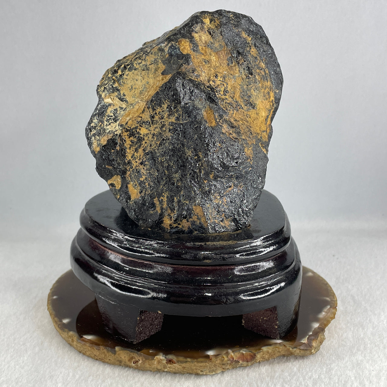 Natural Black Tourmaline Rough Irregular Shape Display with Wooden Stand 1.784,5g 137.5 by 124.0 by 130.0mm - Huangs Jadeite and Jewelry Pte Ltd