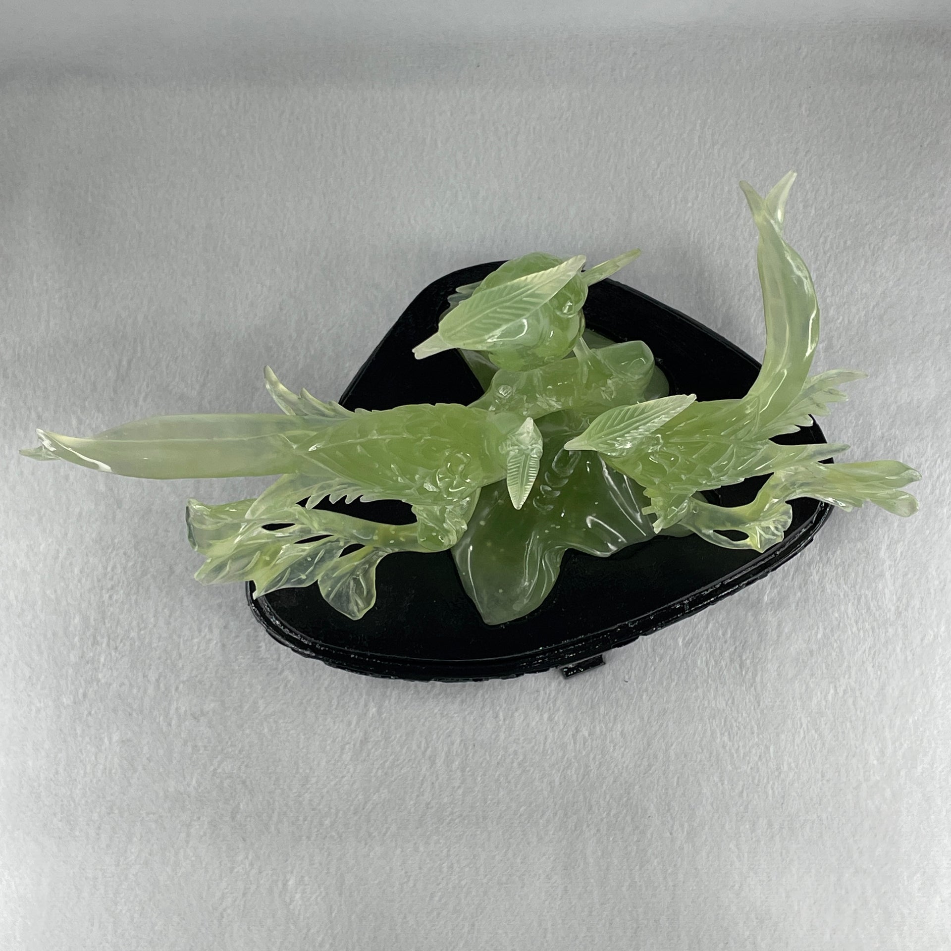 Natural Semi Icy Green Serpentine 3 Phoenix on Tree with Wooden Stand Display 705.1g 242.0 by 140.0 by 195.0mm - Huangs Jadeite and Jewelry Pte Ltd