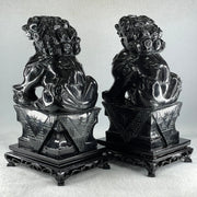 Black Pair of Fu Gou with Wooden Stand Display 5,365.5g Each about 110.0 by 15.0 by 230.0mm - Huangs Jadeite and Jewelry Pte Ltd