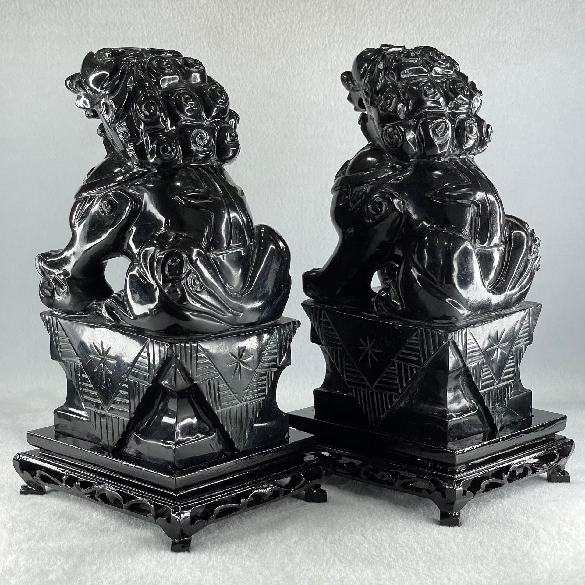 Black Pair of Fu Gou with Wooden Stand Display 5,365.5g Each about 110.0 by 15.0 by 230.0mm - Huangs Jadeite and Jewelry Pte Ltd