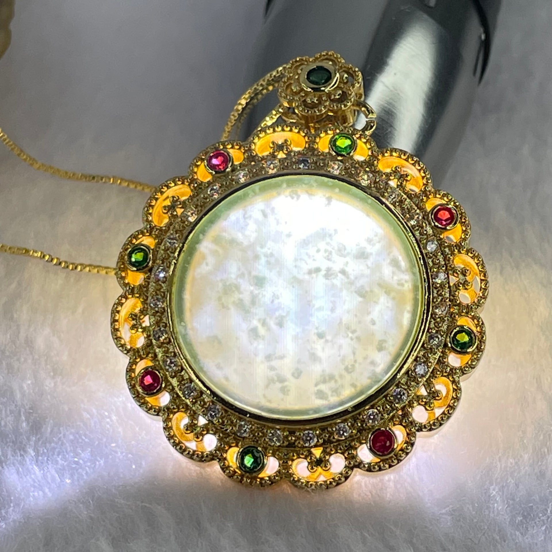Type A Icy Light Blueish Green Jadeite Wu Shi Pai Pendent in S925 Silver Gold Pendant and Necklace 15.17g 26.0 by 2.0mm - Huangs Jadeite and Jewelry Pte Ltd