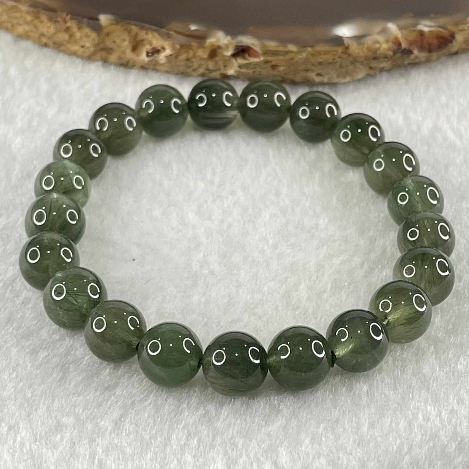 Good Grade Natural Cats Eye Green Rutilated Quartz Beads Bracelet 22.16g 16cm 9.3mm 21 Beads - Huangs Jadeite and Jewelry Pte Ltd