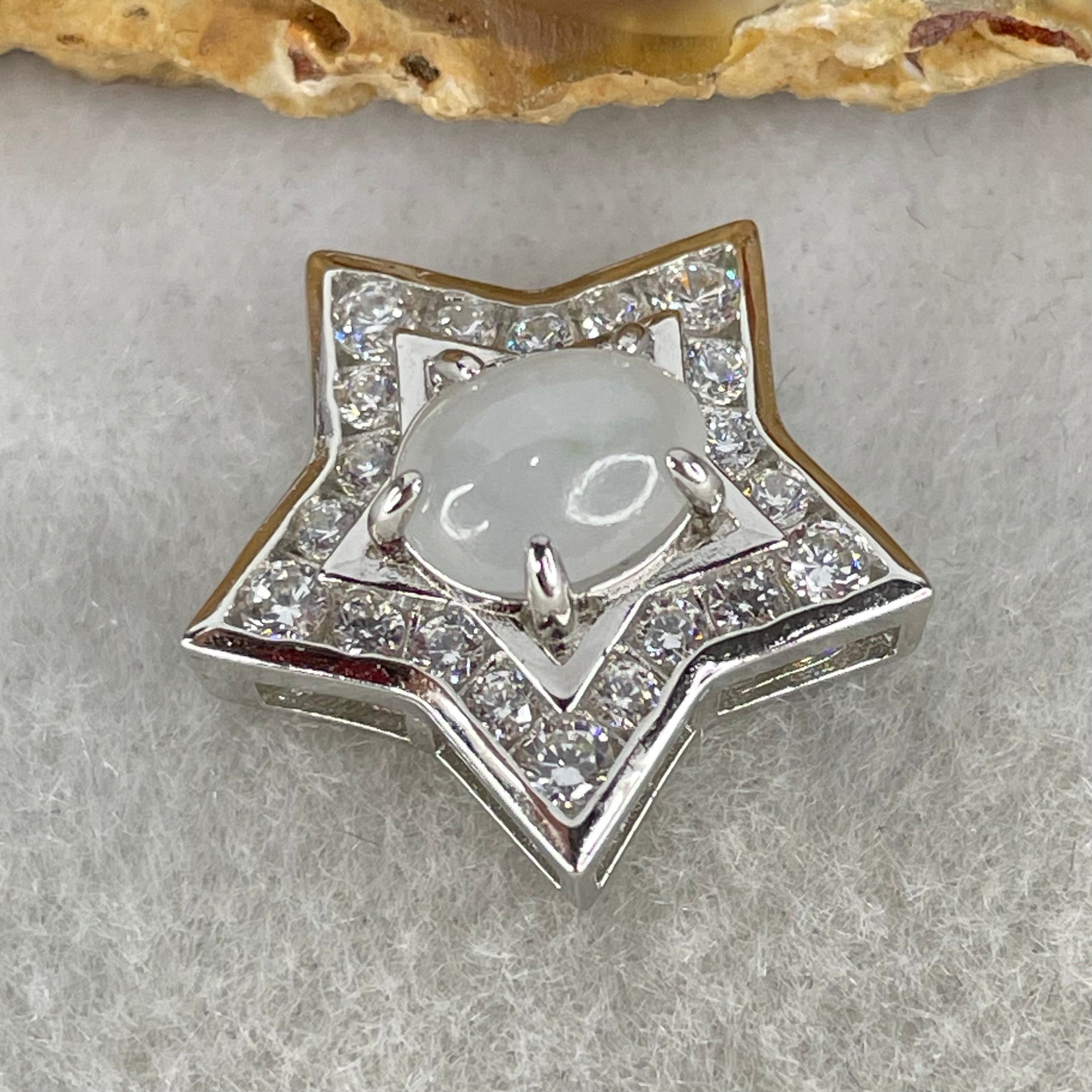 Type A Semi Icy Light Lavender Cabochon Jadeite in S925 Sliver Star with Crystal Charm 2.39g 7.9 by 6.9 by 4.0mm - Huangs Jadeite and Jewelry Pte Ltd