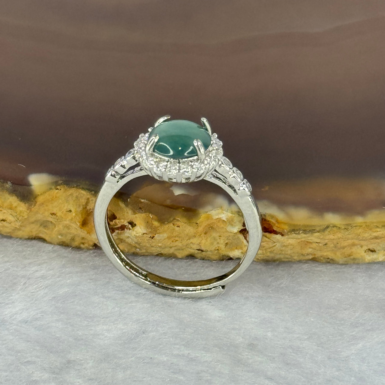 Type A Icy Blueish Green Jadeite with Crystals in Sliver Ring (Adjustable Size) 1.61g 6.9 by 2.5mm - Huangs Jadeite and Jewelry Pte Ltd