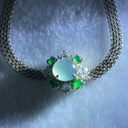 Type A Icy Blueish Green 7.9 by 3.5mm and Green Jadeite Cabochons With Crystals in S925 Sliver Bracelet 4.94g - Huangs Jadeite and Jewelry Pte Ltd