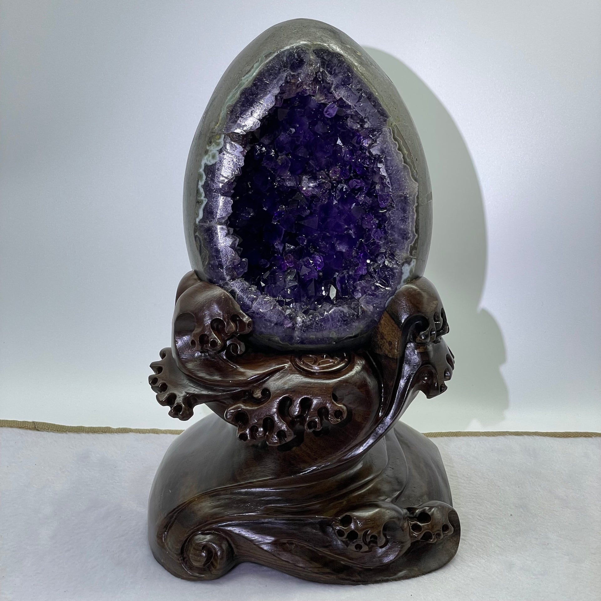 Natural Deep Purple Amethyst Egg with Wooden Stand Display Total Weight 4,534.1g 160.0 by 160.0 by 270.0mm - Huangs Jadeite and Jewelry Pte Ltd
