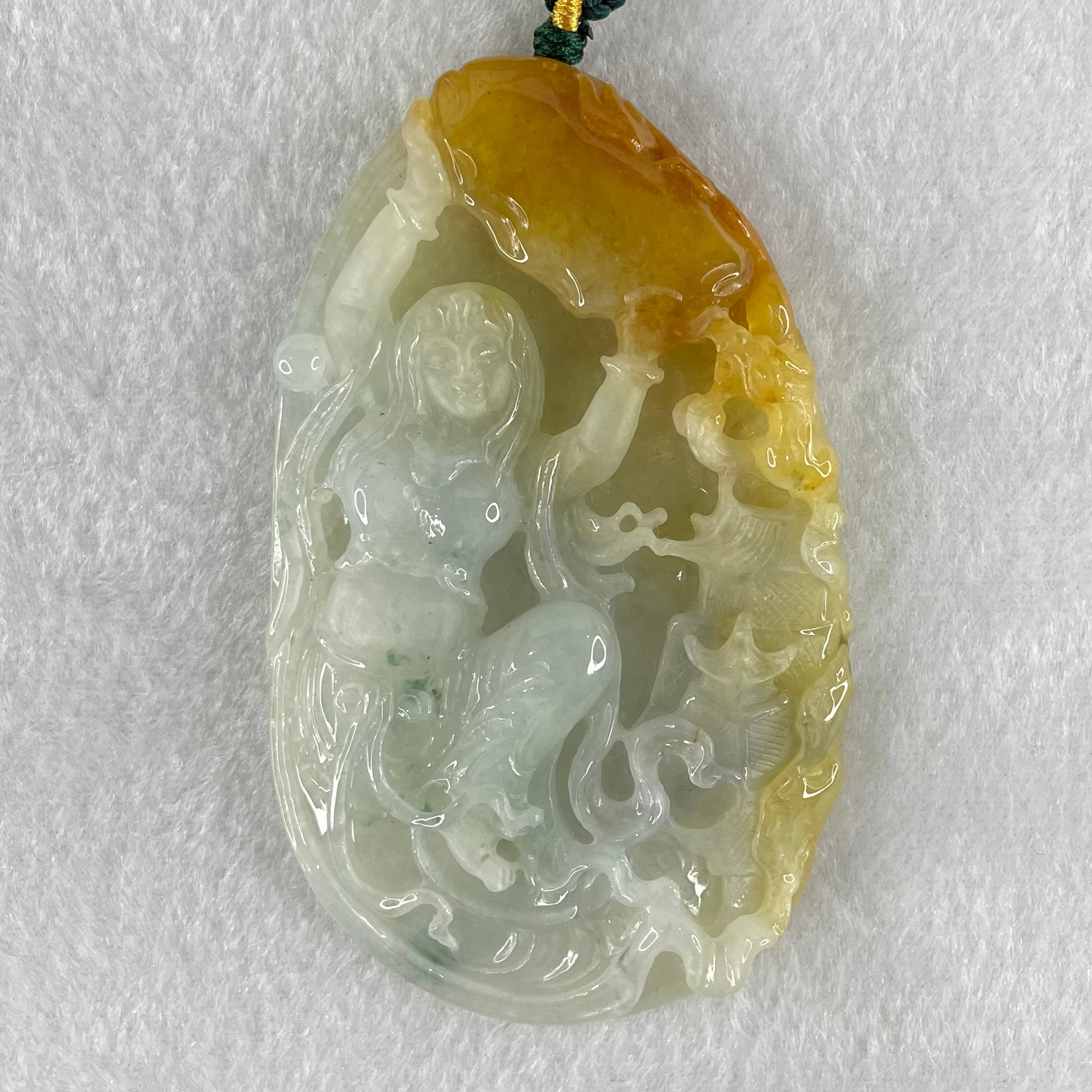 Type A Light Faint and Lavender with Yellow Brownish Red Patches Jadeite Double Sided Chinese Flying Fairy With Dragon and Shan Shui Pendant 100.99g 83.7 by 50.6 by 12.0mm - Huangs Jadeite and Jewelry Pte Ltd