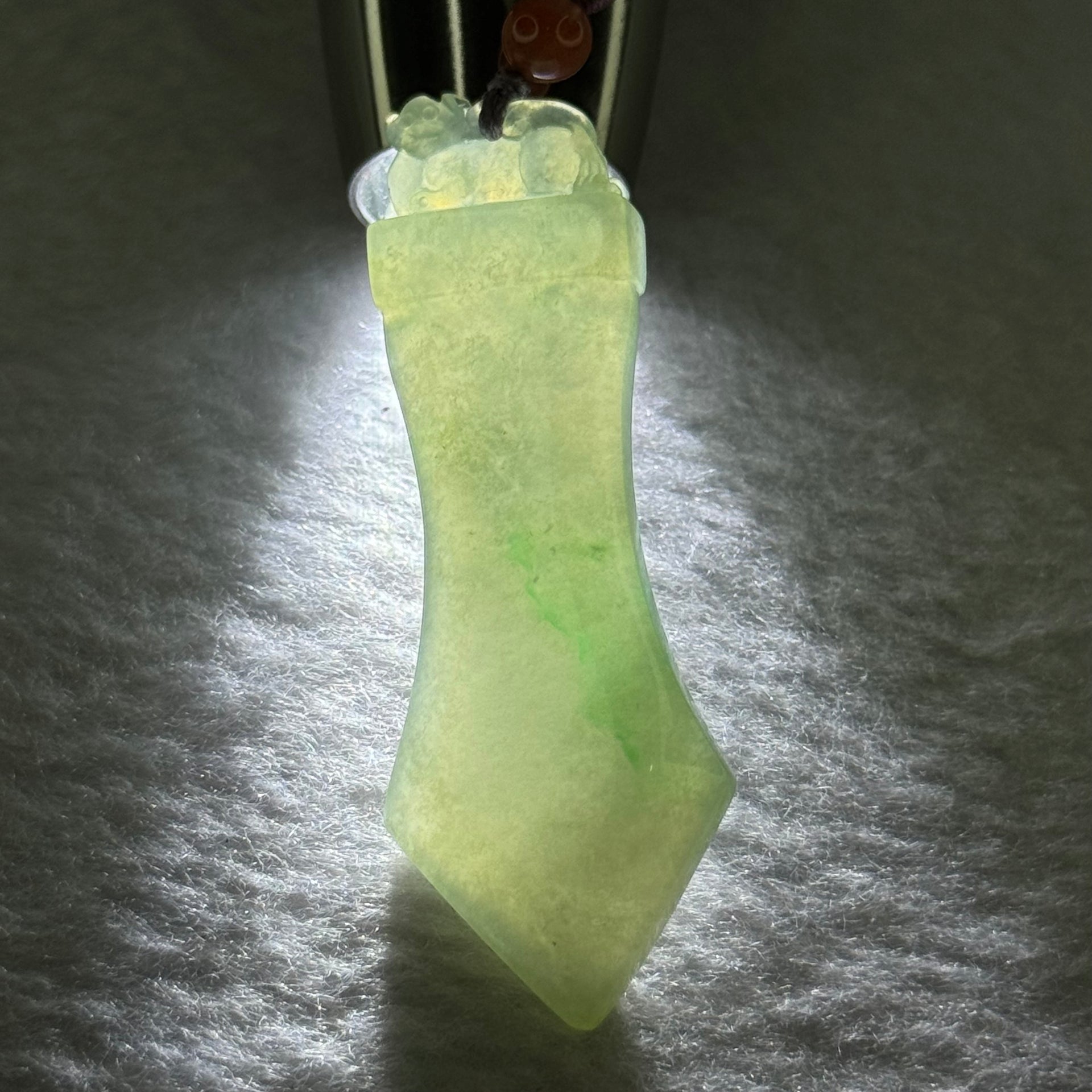 Type A Green Jadeite Monkey on Sword Pendent 20.03g 62.4 by 22.7 by 6.8mm - Huangs Jadeite and Jewelry Pte Ltd