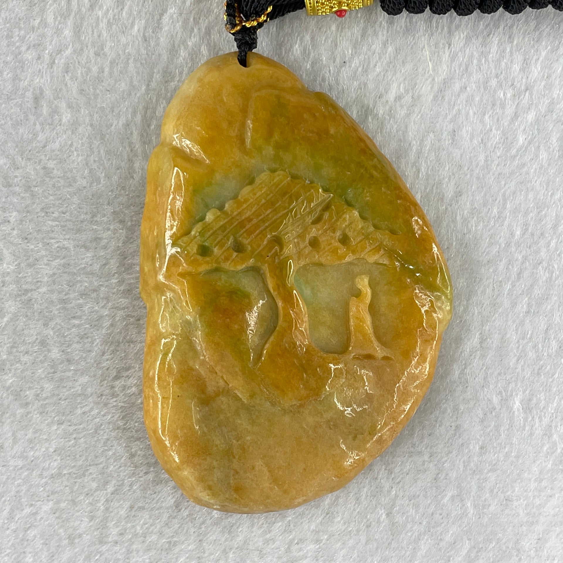 Natural Type A Yellow Jadeite Shan Shui Scenic with Gui Ren Benefactor 61.31g 66.1 by 45.1 by 11.9mm - Huangs Jadeite and Jewelry Pte Ltd