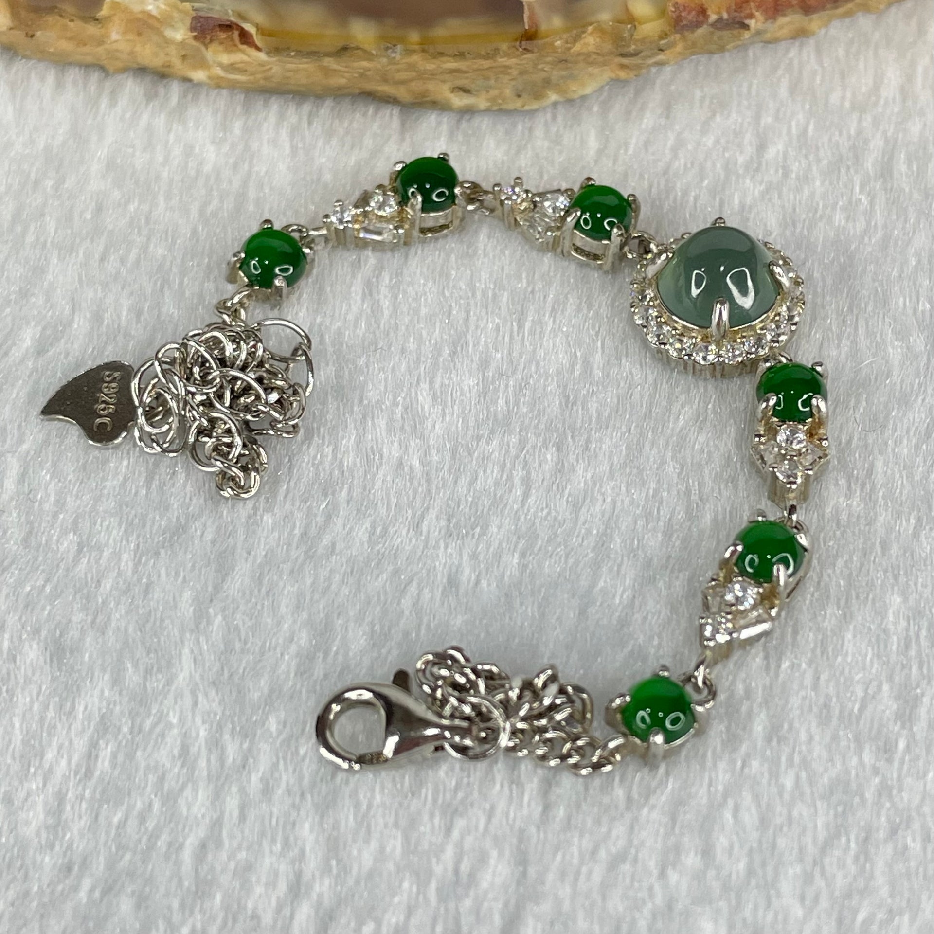 Type A Icy Blueish Green 6.8 by 4.0mm and Icy Green Omphasite Jadeite Cabochon With Crystals in S925 Sliver Bracelet 4.75g - Huangs Jadeite and Jewelry Pte Ltd