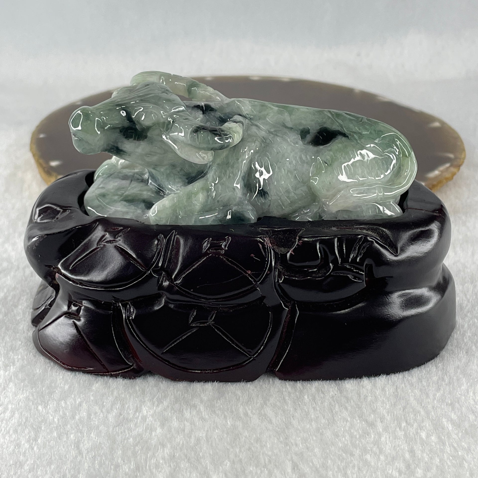 Natural Type A Light Green Light Lavender with Dark Green Patches Jadeite Ox with Wooden Stand Display 341.7g 116.5 by 73.9 by 66.0mm - Huangs Jadeite and Jewelry Pte Ltd