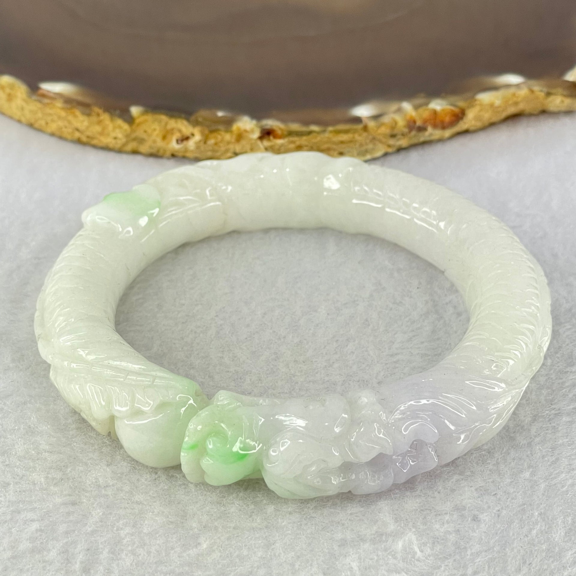 Type A Faint Green Lavender Jadeite Carved Ruyi Bangle Internal Diameter 56.0mm 86.81g 18.0 by 9.5mm (Internal Lines) - Huangs Jadeite and Jewelry Pte Ltd