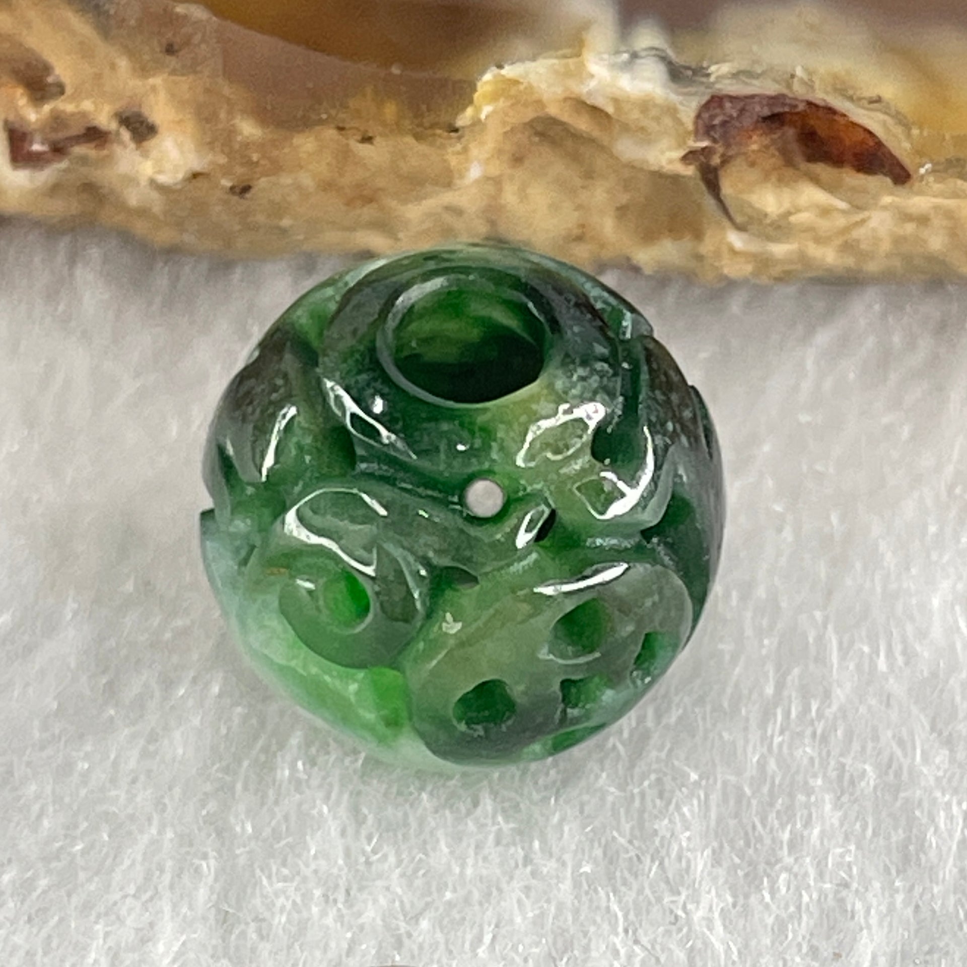 Natural Type A Lao Keng Old Mine Green with Light Green Jadeite Flora Carving Bead Charm 1.37g 11.4mm - Huangs Jadeite and Jewelry Pte Ltd
