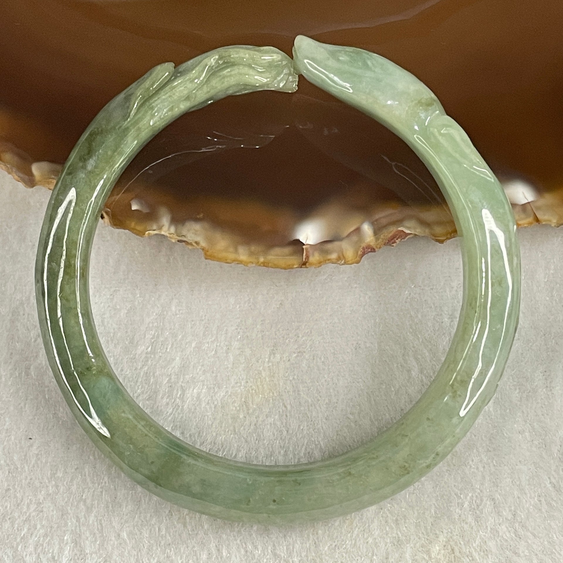 Type A Green with Dark Green Piao Hua Jadeite 9 Tail Fox Bangle Internal Diameter 55.6mm 41.22g 12.5 by 8.4mm (Internal Lines) - Huangs Jadeite and Jewelry Pte Ltd