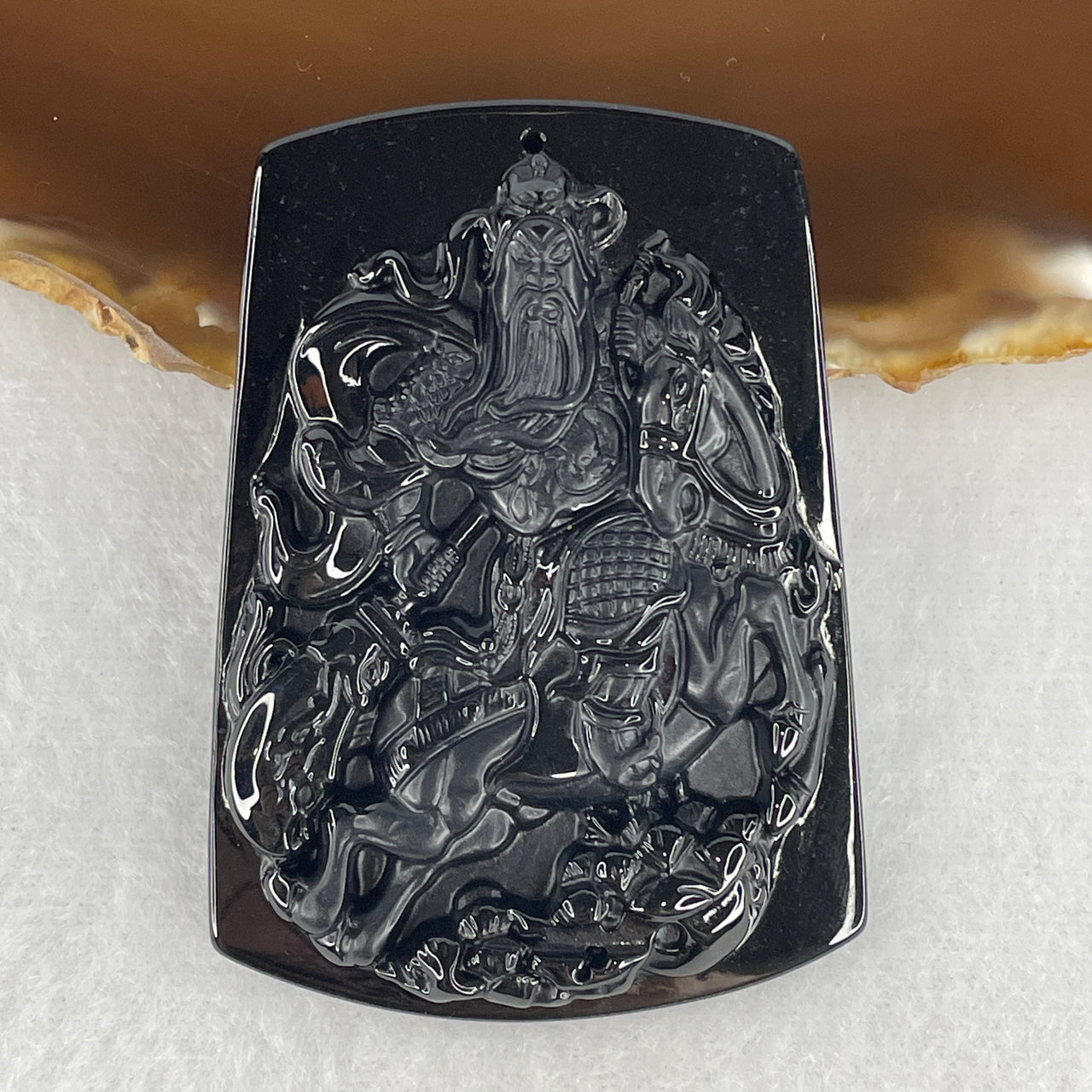 Certified Type A Opaque Black Omphacite Jadeite Guan Gong on Champion Stallion Pendant | 60mm Natural Black Jade Martial God of Wealth & Victory Talisman (28.16g | 60.1 x 43.0 x 8.0mm)