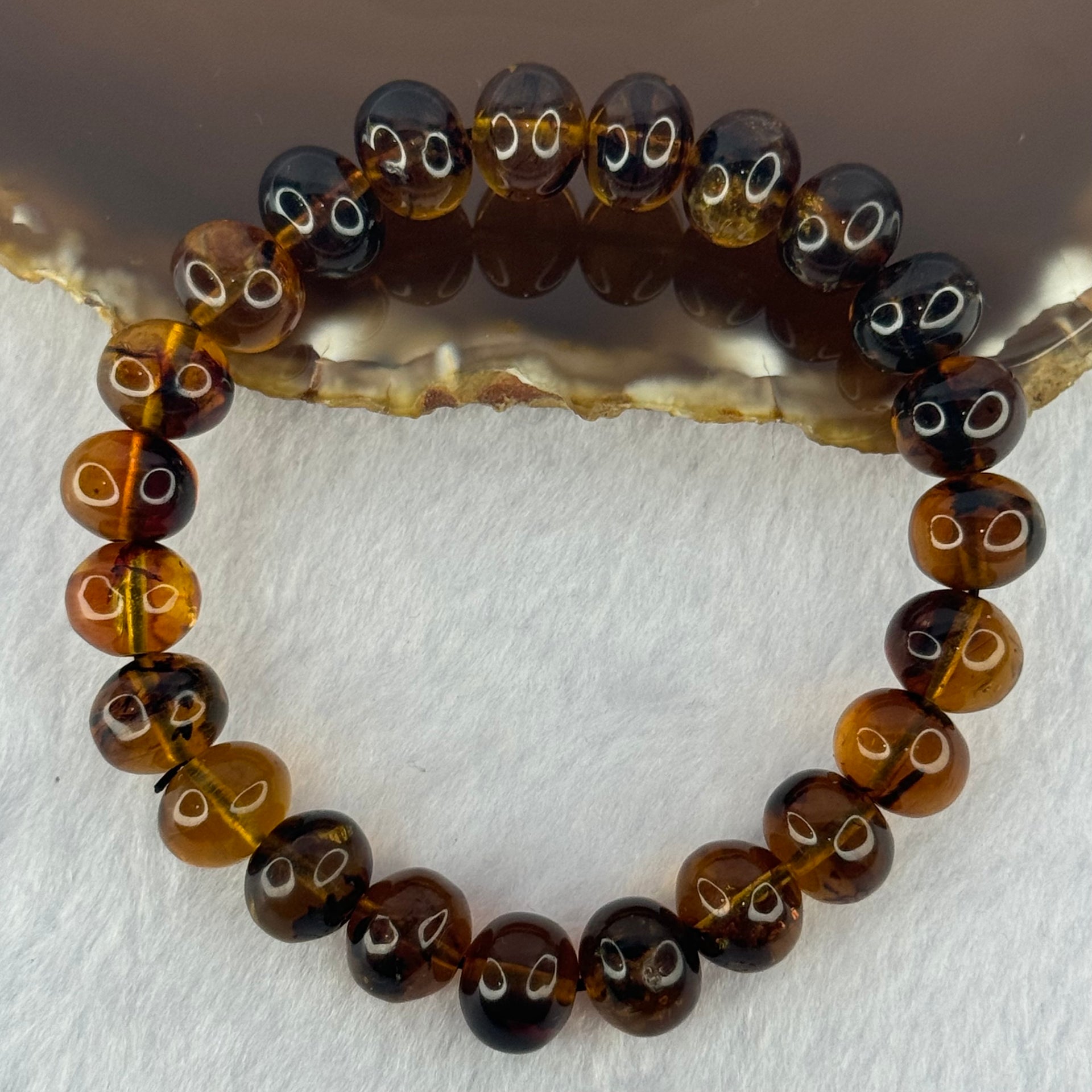 Natural Dark Brownish Yellow Flower Amber Beads Bracelet 天然顺琥珀手链 12.50g 17cm 10.7mm 23 Beads - Huangs Jadeite and Jewelry Pte Ltd