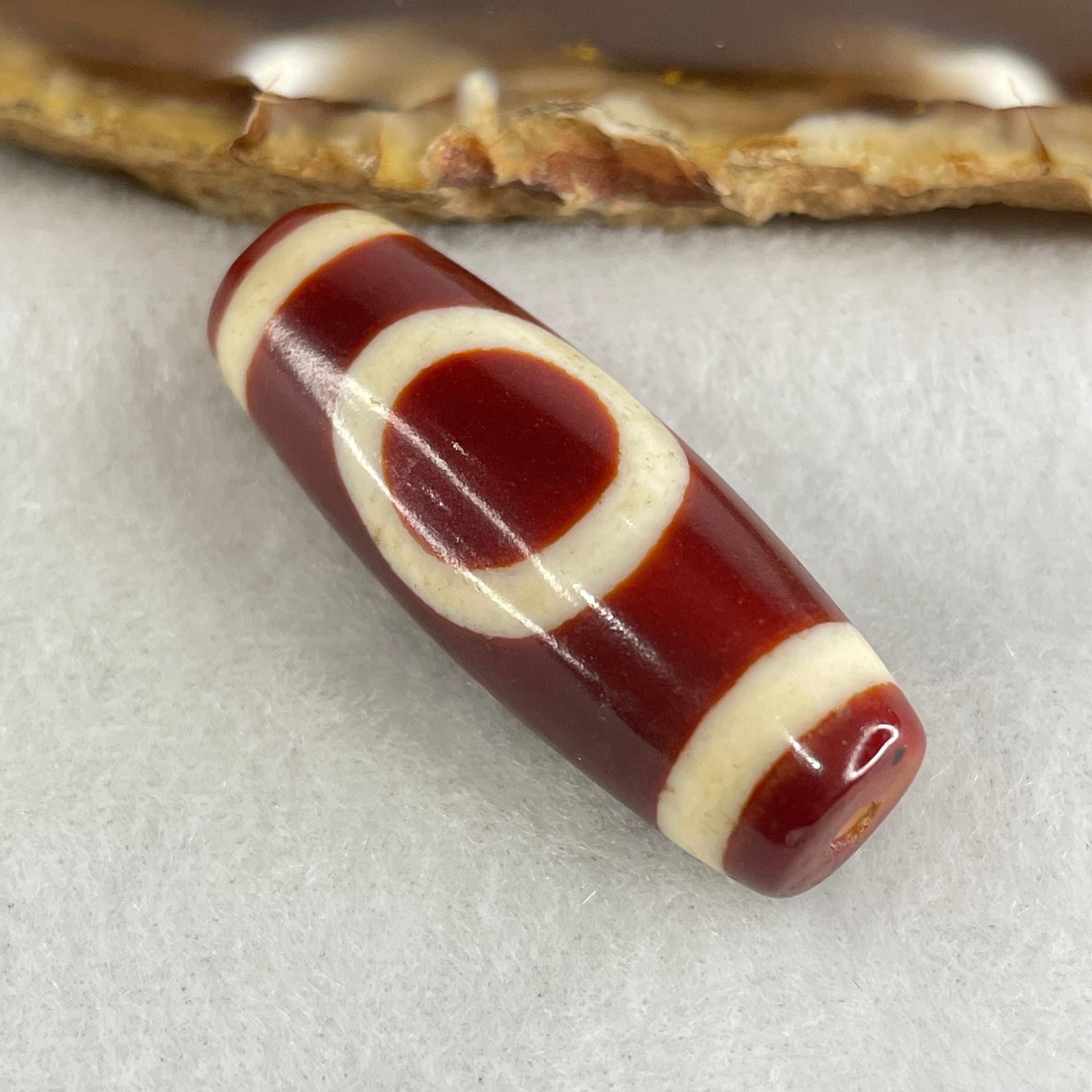 Natural Powerful Tibetan Old Oily Red White Agate One Eye Gold Metal Element Dzi Bead Heavenly Master (Tian Zhu) 一眼金天珠 10.48g 37.6 by 13.2mm - Huangs Jadeite and Jewelry Pte Ltd