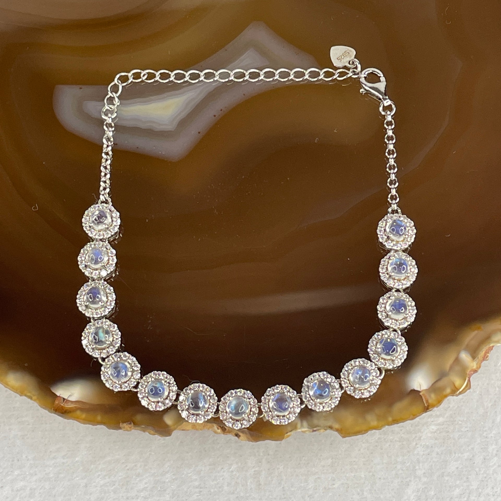 Natural Rainbow Moonstone Beads in S925 Sliver Bracelet 7.39g 13-17cm 3.0 by 2.5mm 15 Pcs - Huangs Jadeite and Jewelry Pte Ltd