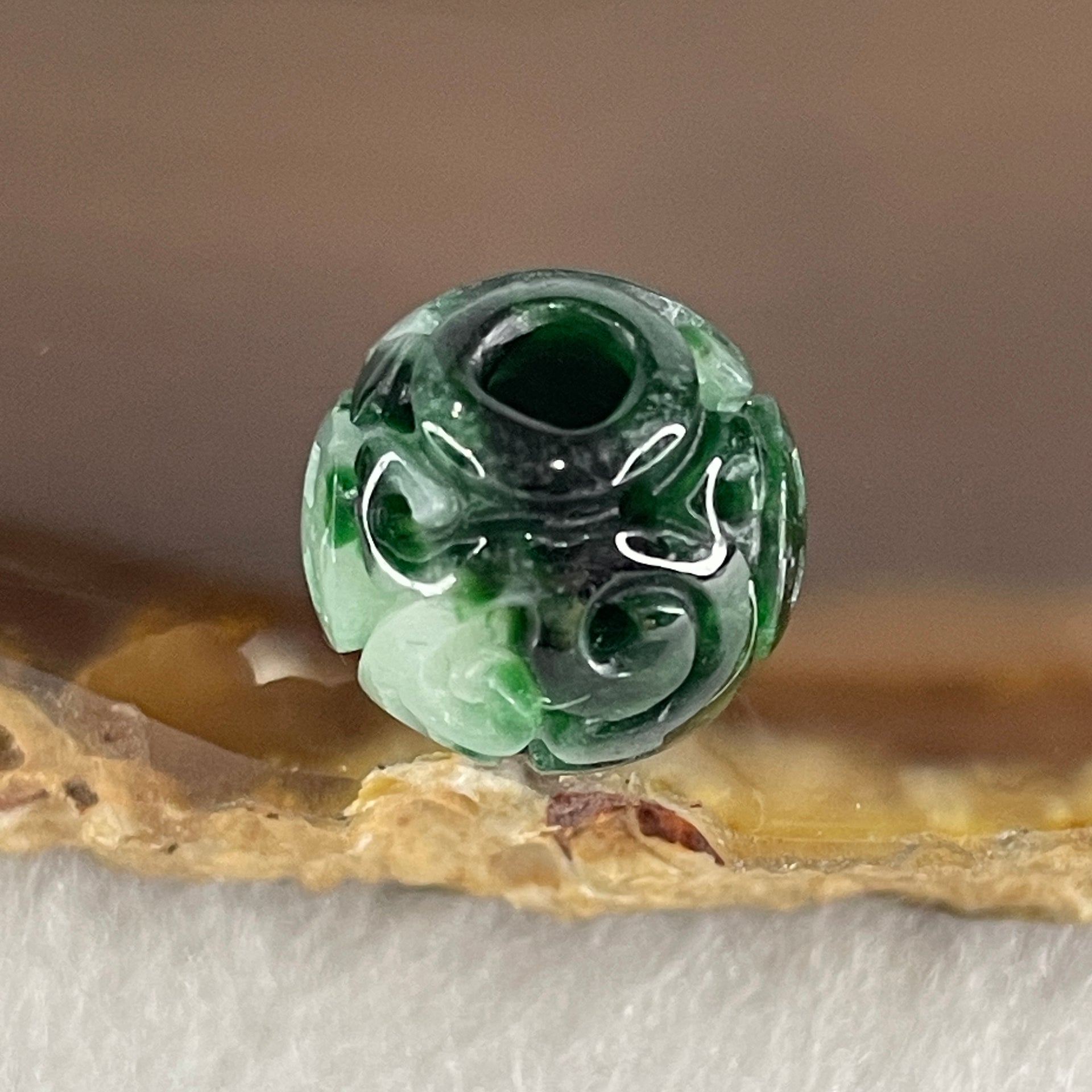 Natural Type A Lao Keng Old Mine Green with Light Green Jadeite Flora Carving Bead Charm 1.94g 12.5mm - Huangs Jadeite and Jewelry Pte Ltd