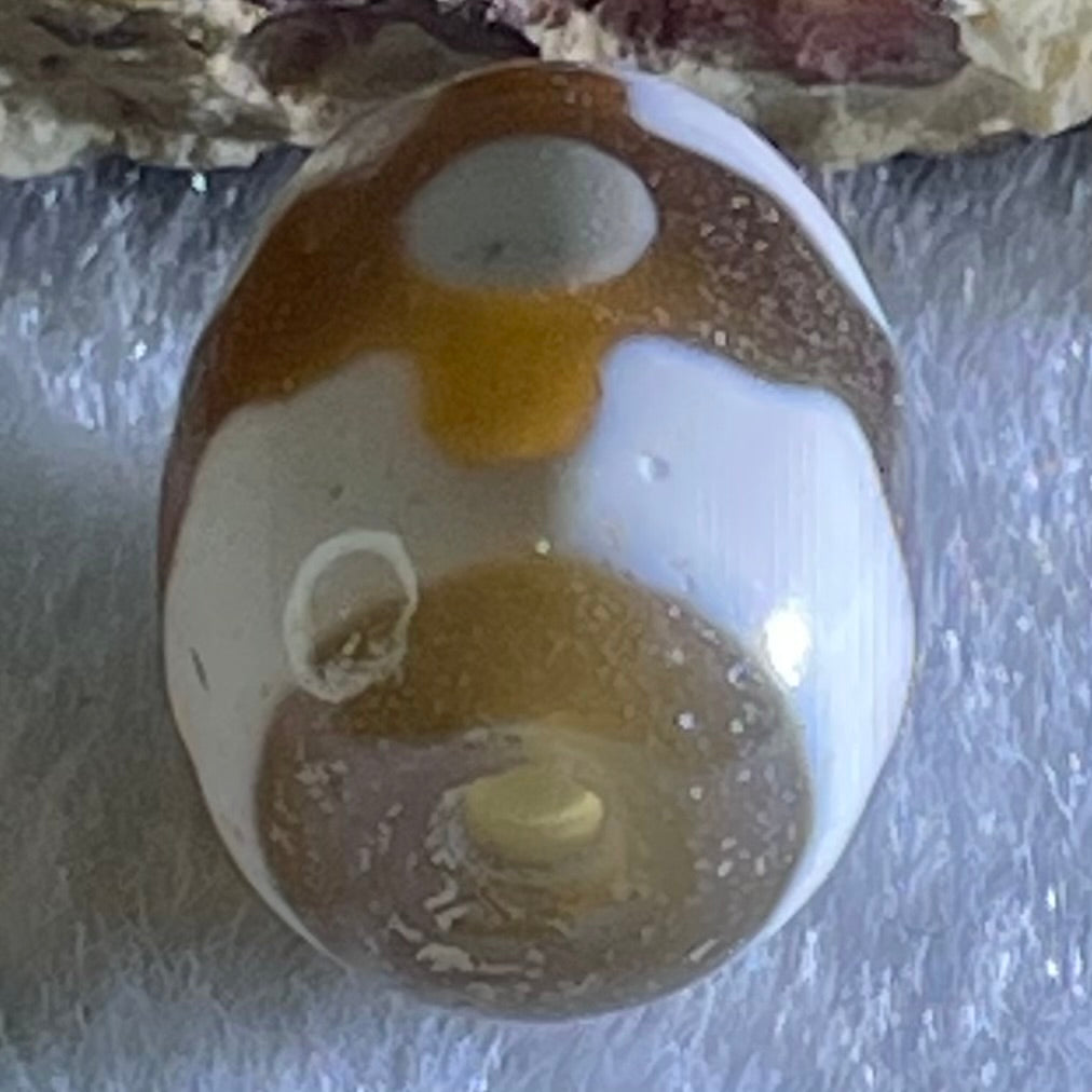 Natural Powerful Tibetan Old Oily Dark Brown With White Agate 3 Eyes Dzi Bead Heavenly Master (Tian Zhu) 三眼天诛 4.25g 17.1 by 12.9mm - Huangs Jadeite and Jewelry Pte Ltd