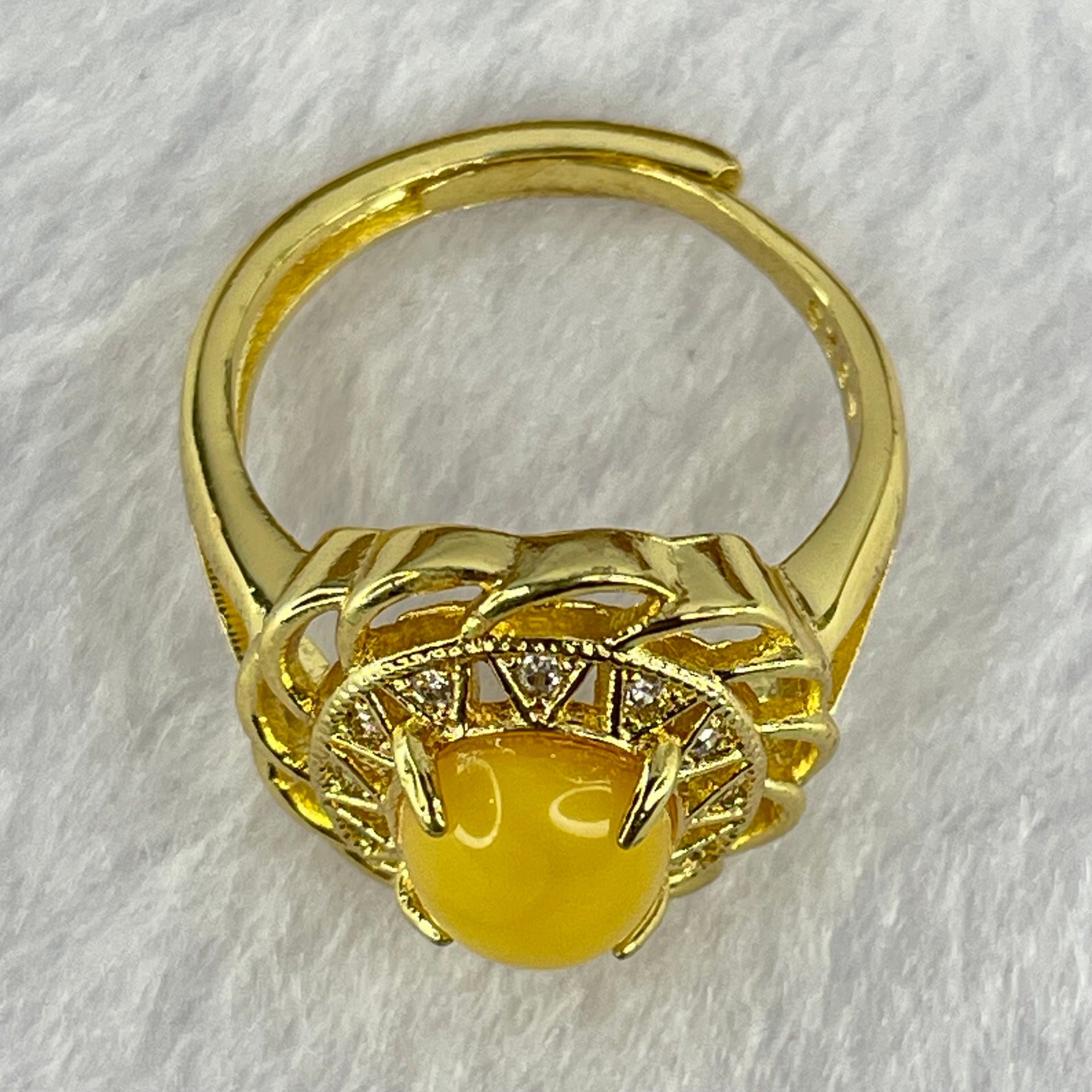 Natural Butterscotch Amber With Crystals in S925 Sliver Gold Color Ring (Adjustable Size) 3.74g 8.9 by 7.2 by 5.0mm - Huangs Jadeite and Jewelry Pte Ltd
